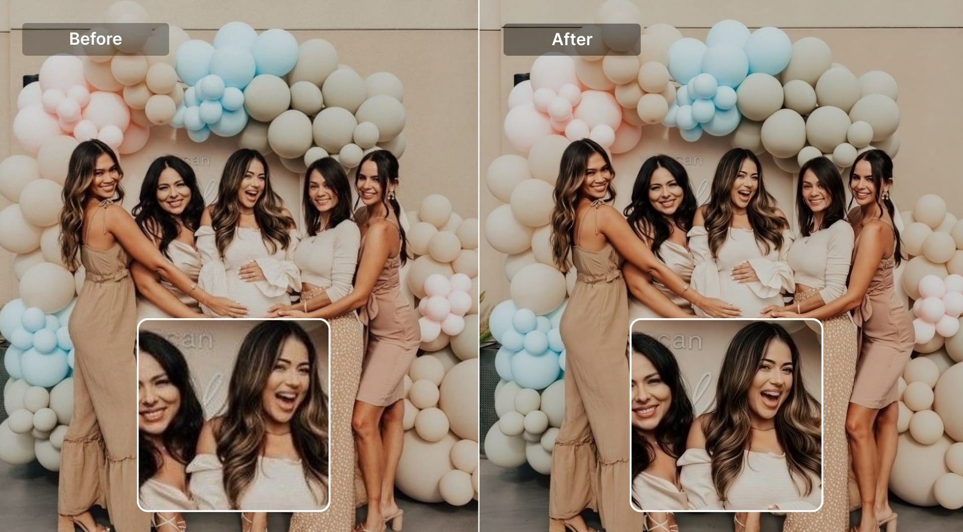 Before-and-after group photo with improved detail and cleaner texture