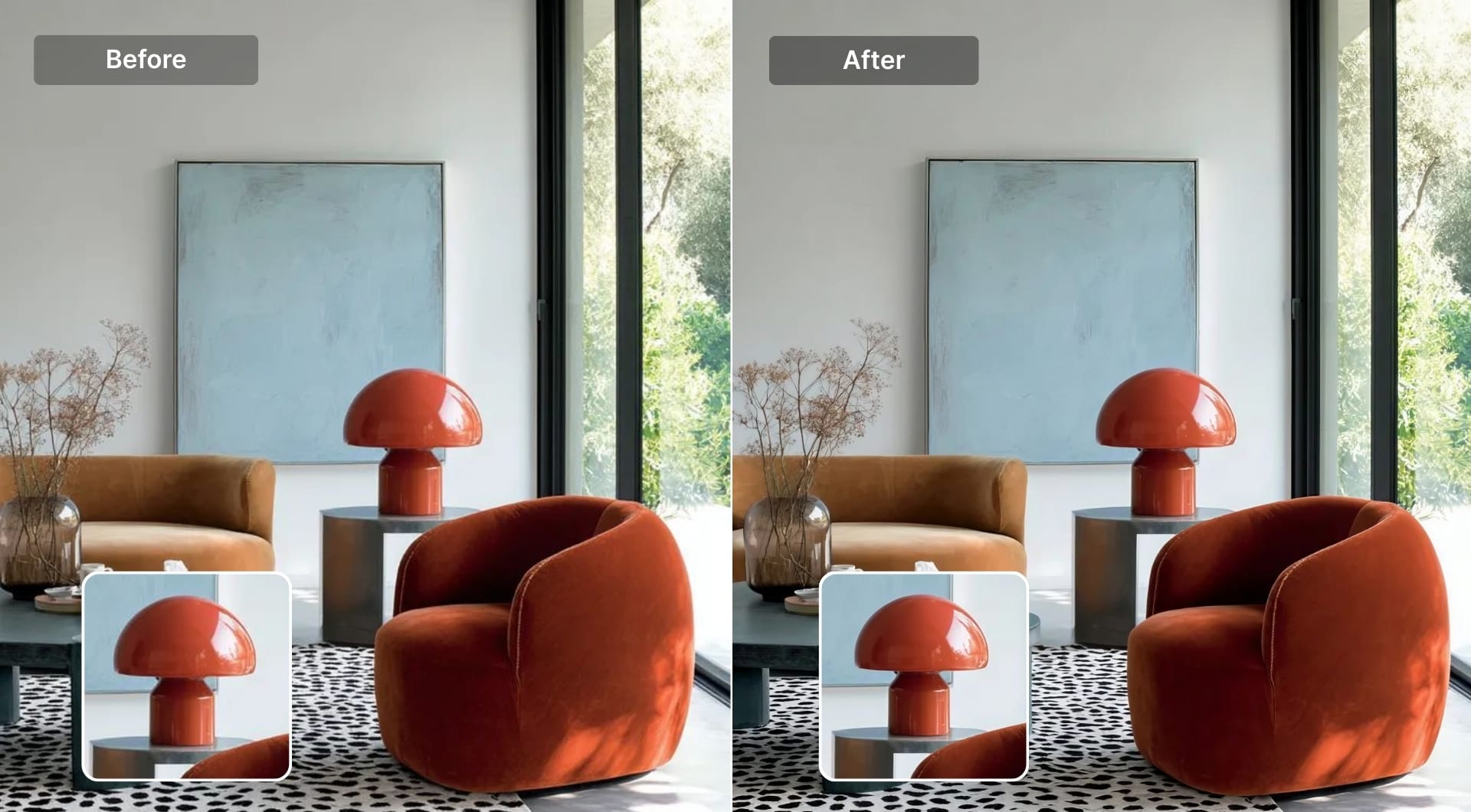 Living room photo before and after AI upscaling