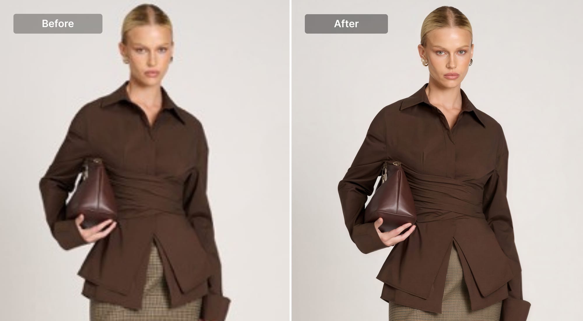 Fashion model before and after upscaling with realistic fabric texture