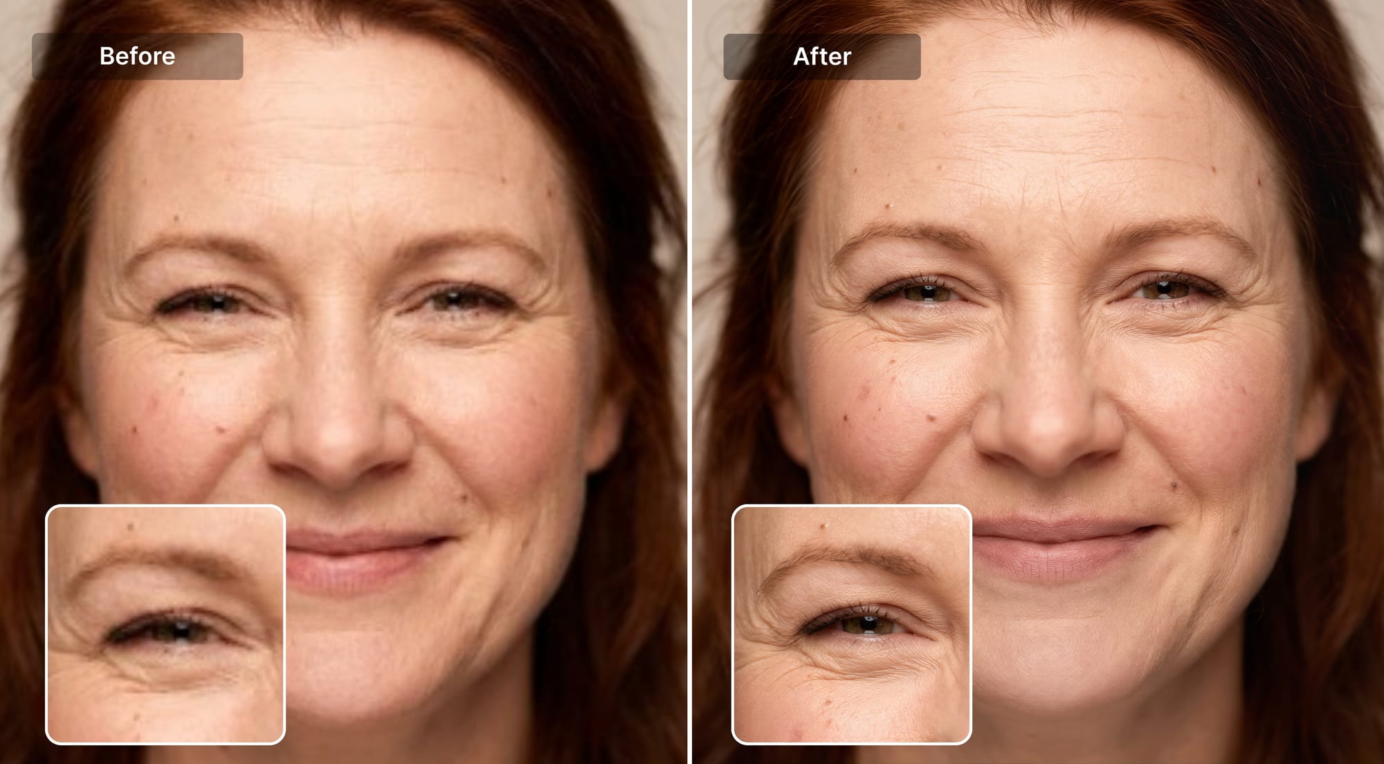 Portrait before and after upscaling with preserved natural skin texture