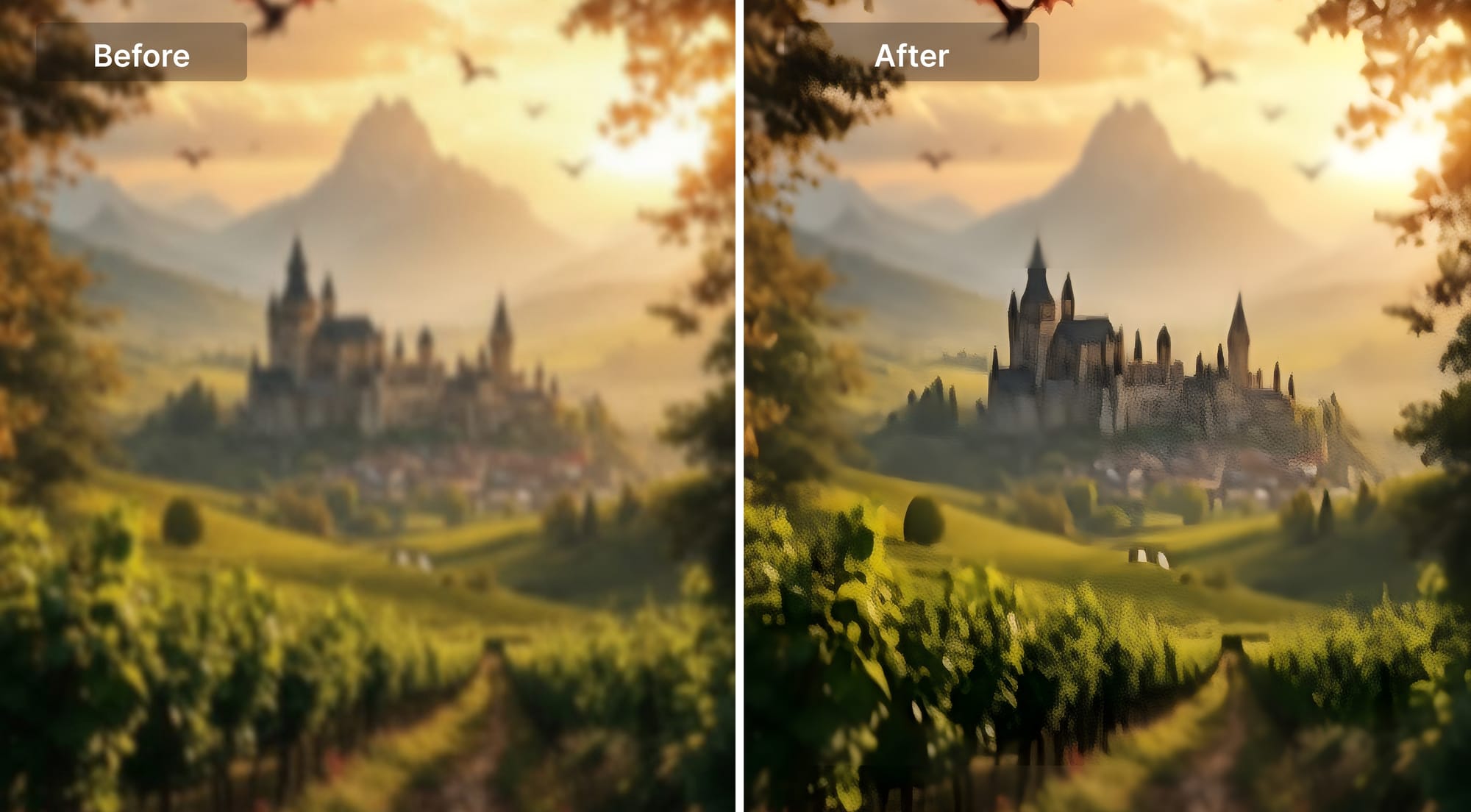 Before and after comparison of a blurry image where compression artifacts get amplified 
