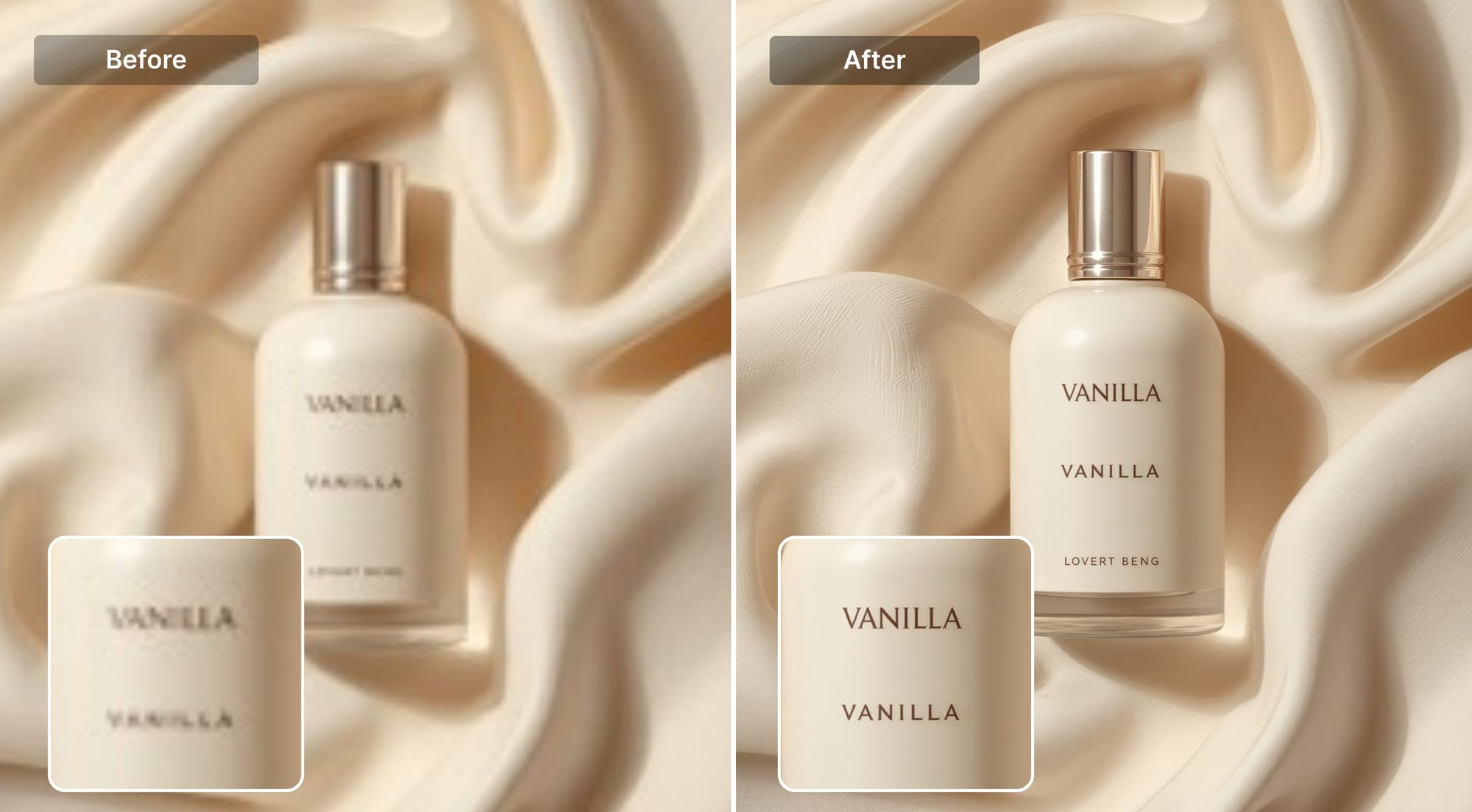 Perfume bottle before and after with restored readable label text