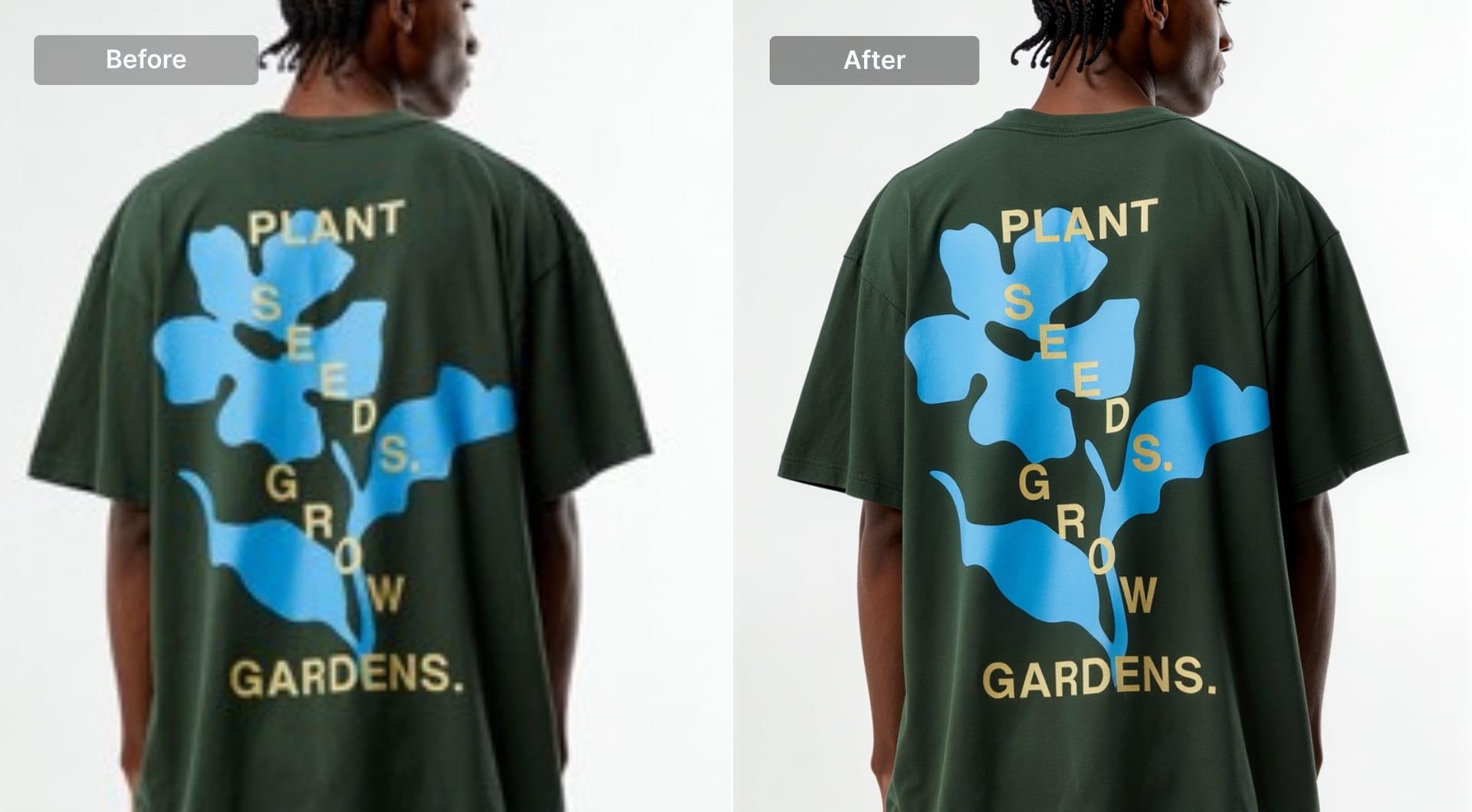Before-and-after upscaling of a graphic T-shirt photo