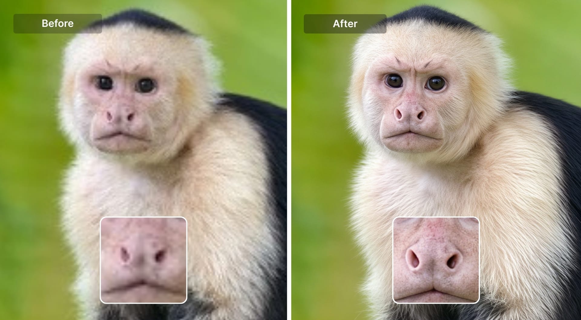 Animal photo before and after JPEG artifact removal and color correction