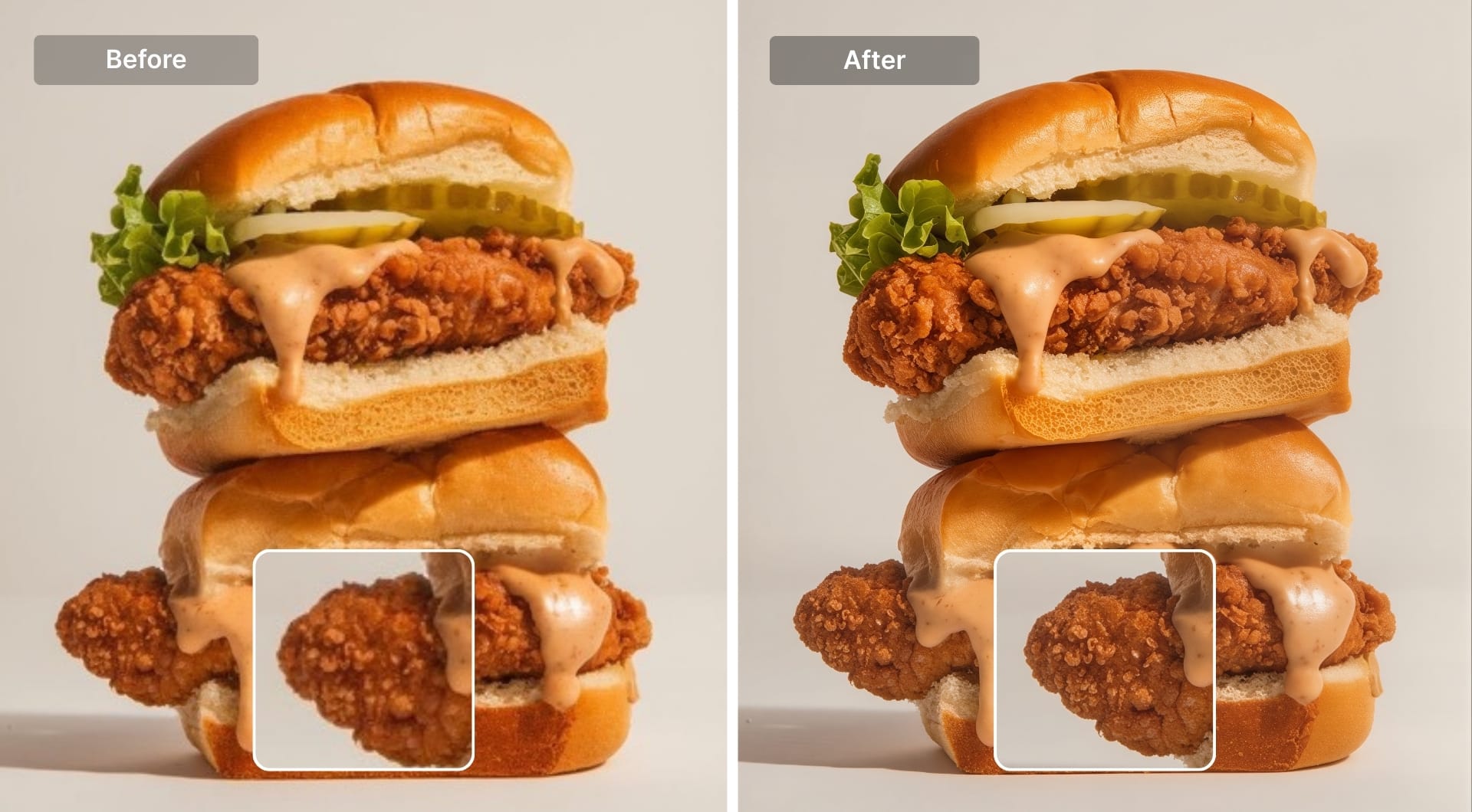 Before and after food photo enhanced to reduce blur and noise