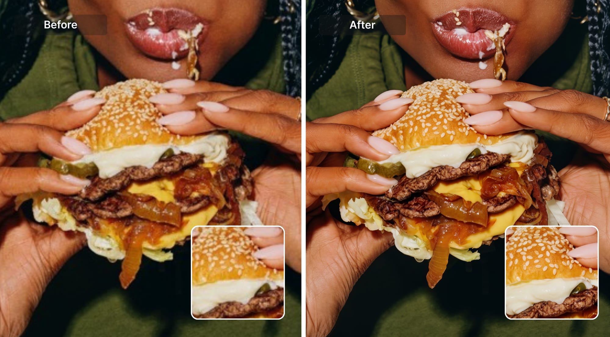 Burger photo before and after upscaling