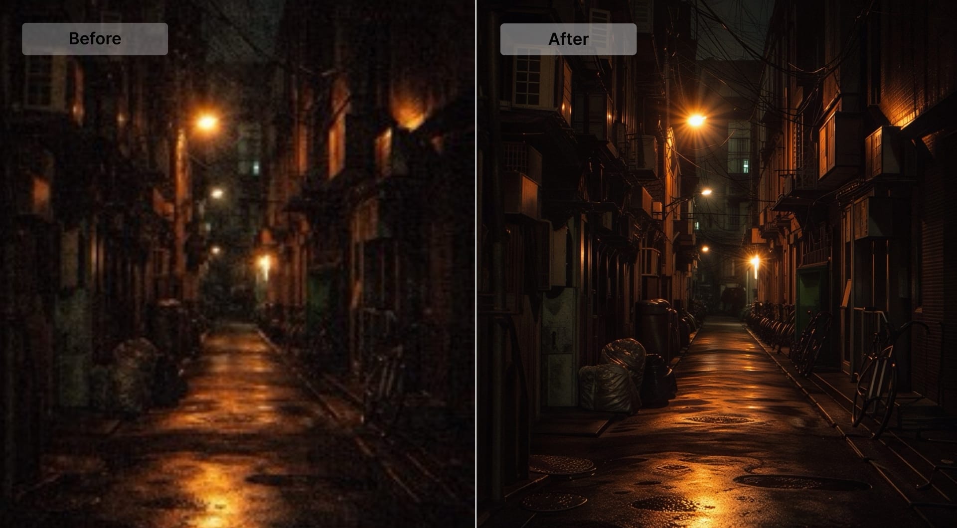 Noisy low-light alley photo with visible grain and color noise