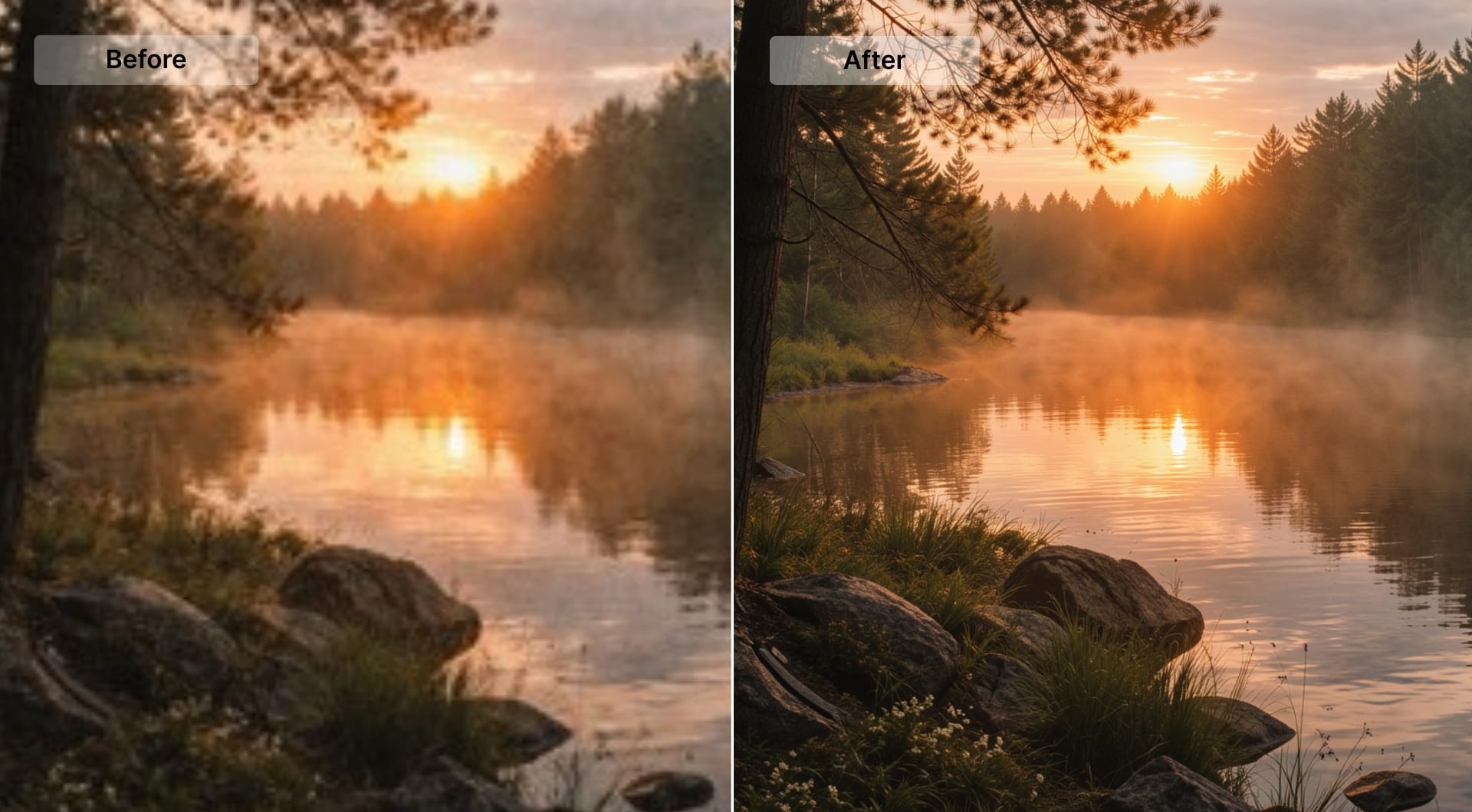 Side-by-side landscape showing noisy image and denoised result