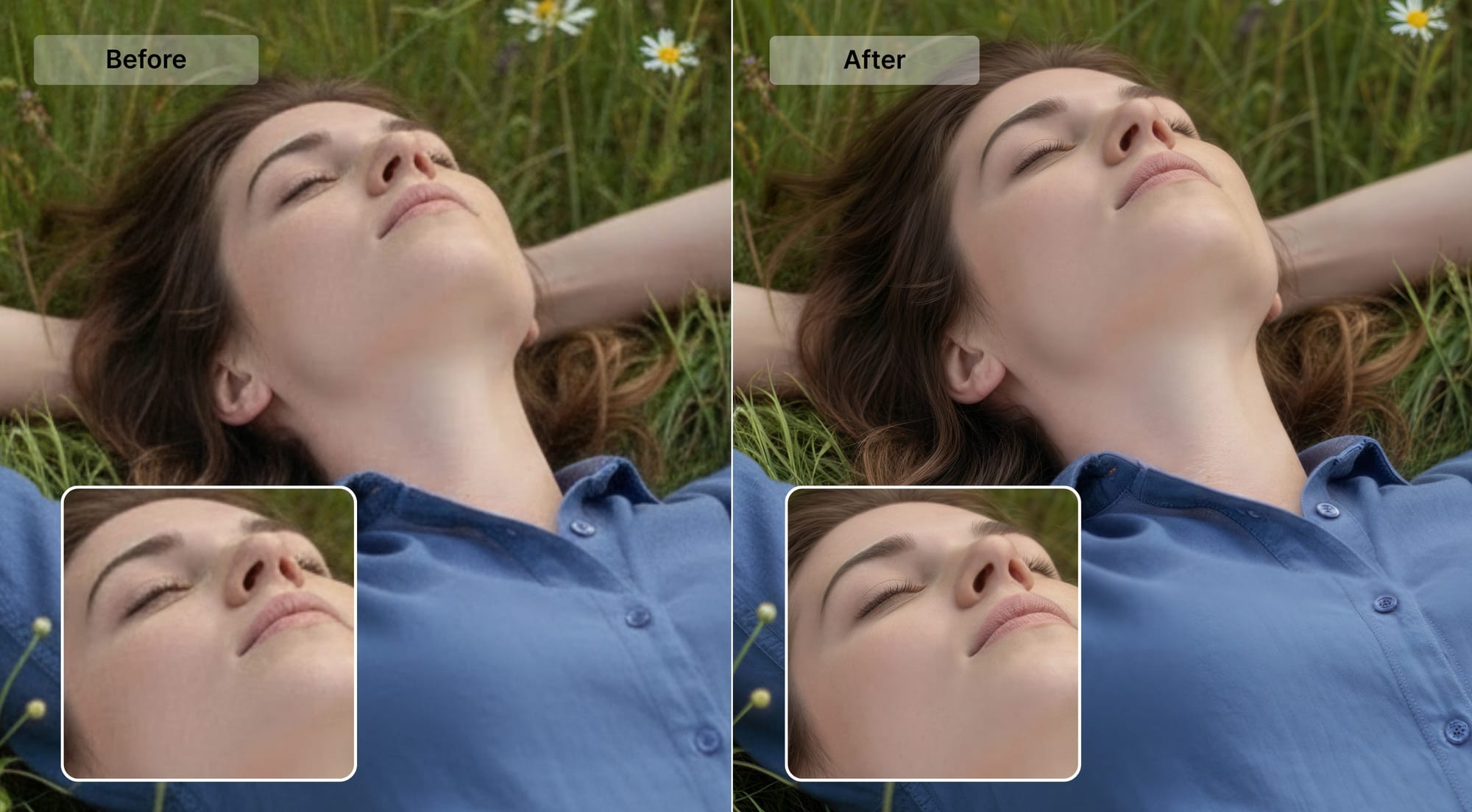 Before-and-after upscaling comparison with face detail zoom