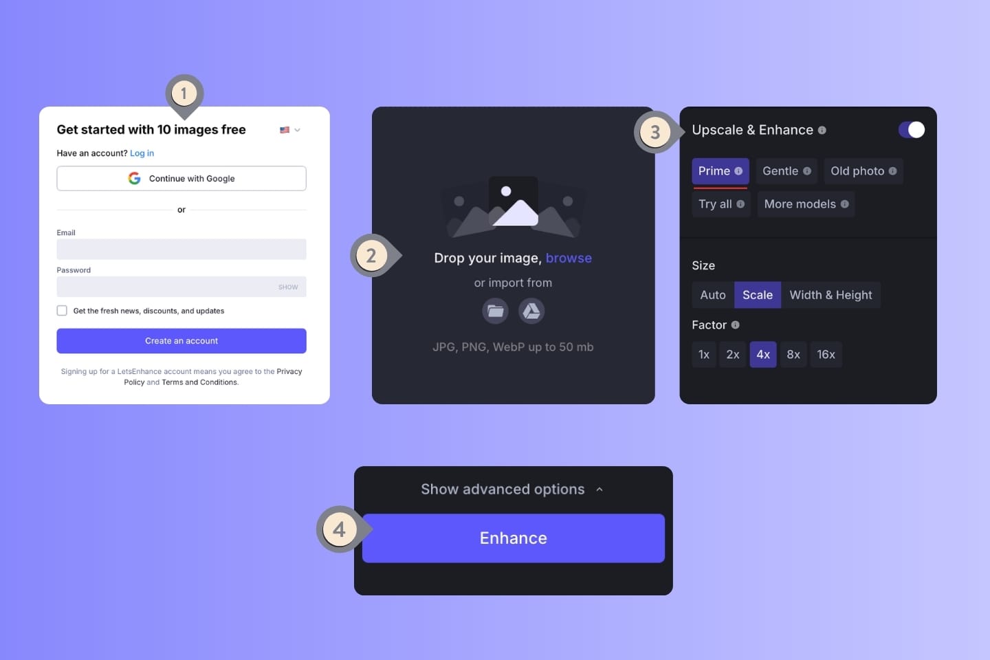 LetsEnhance interface showing upload and enhance steps