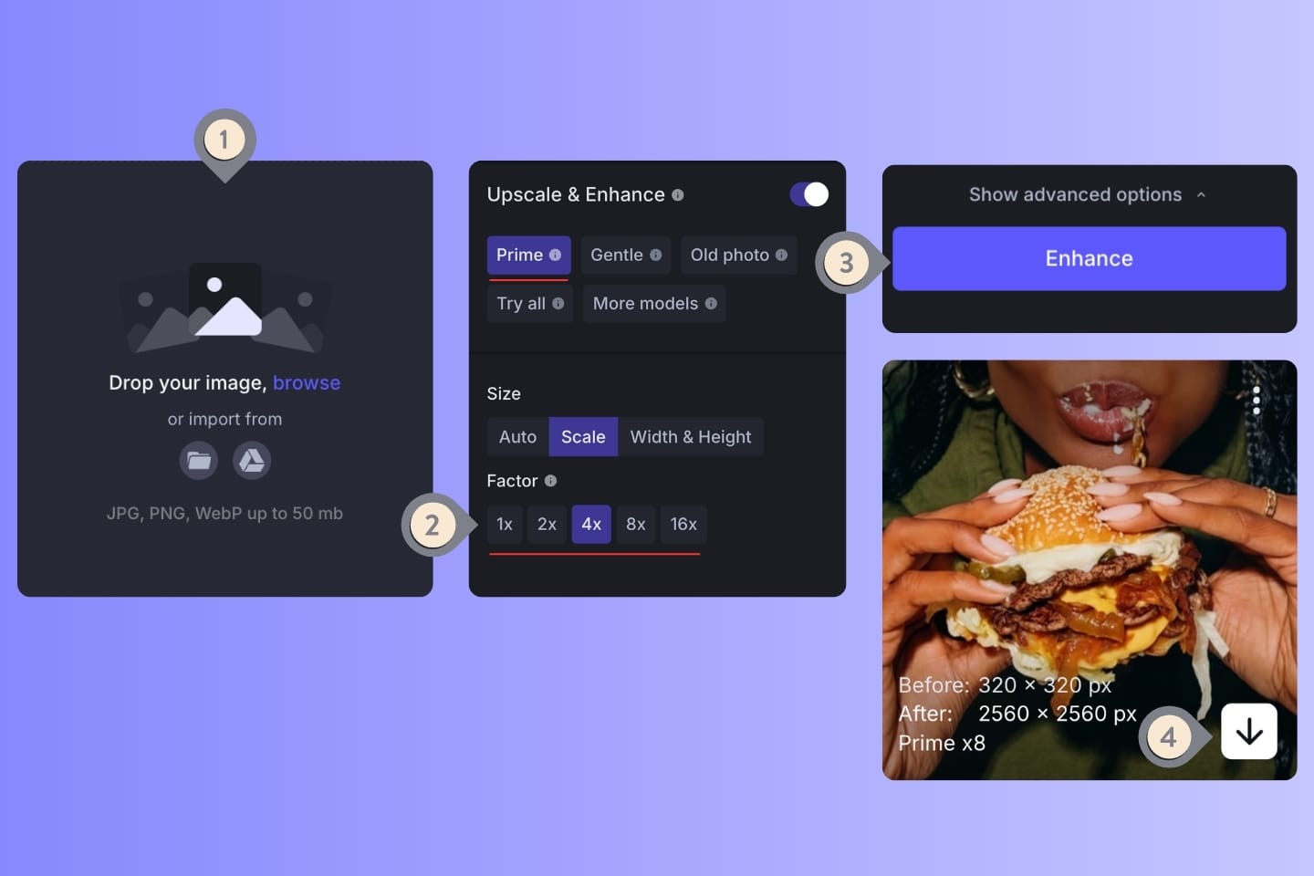 LetsEnhance interface showing steps to upscale an image