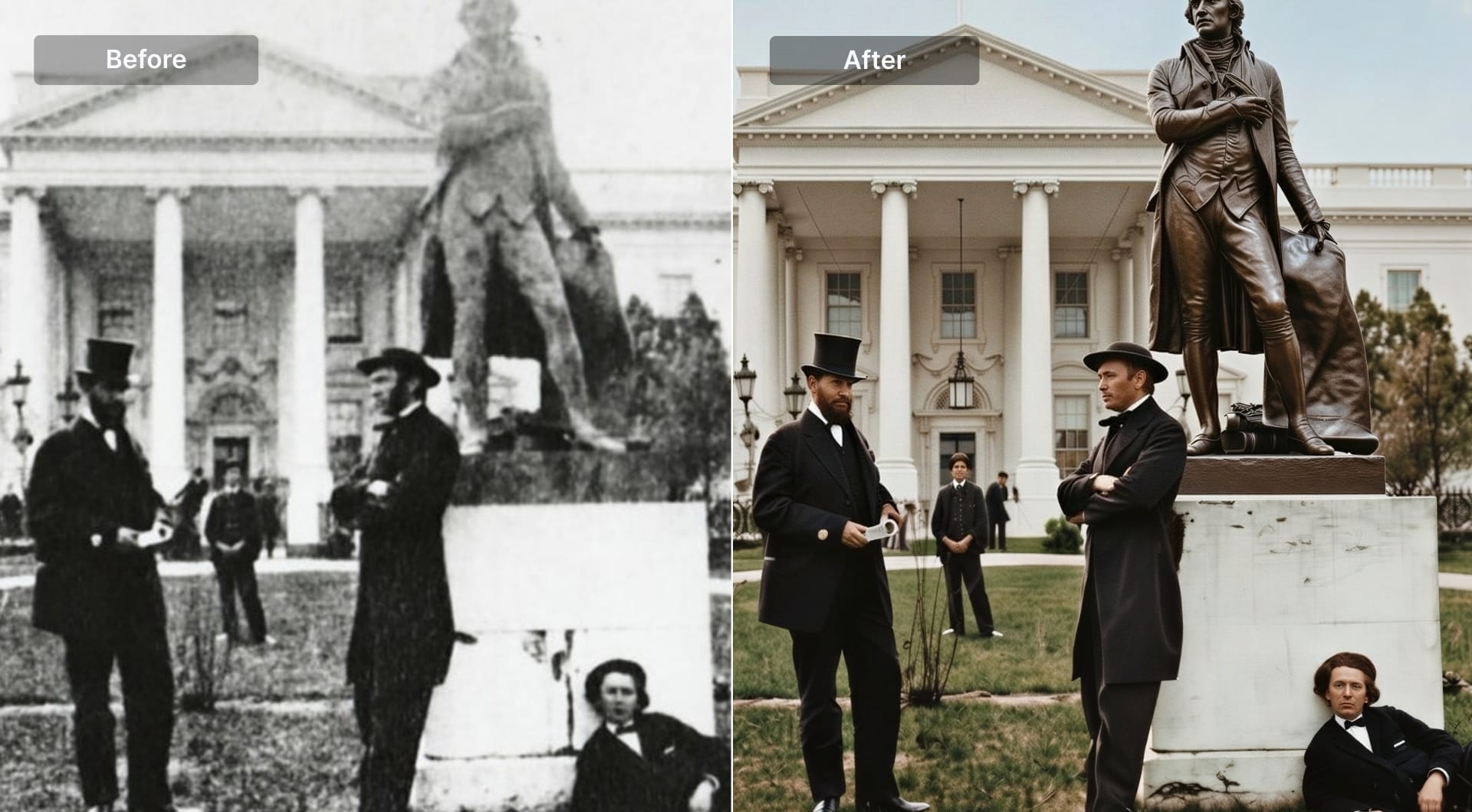 Before and after comparison of historical photo restoration