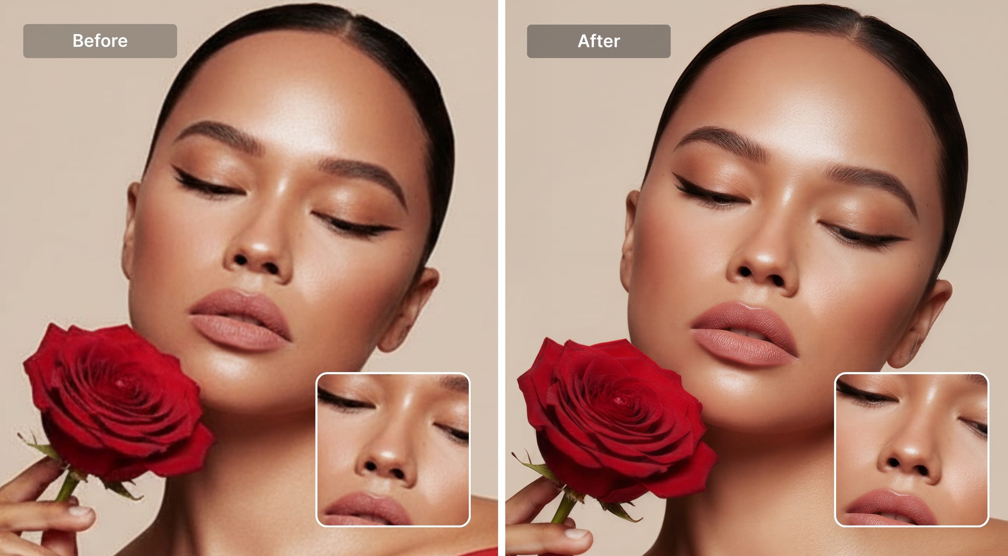Close-up portrait before and after upscaling