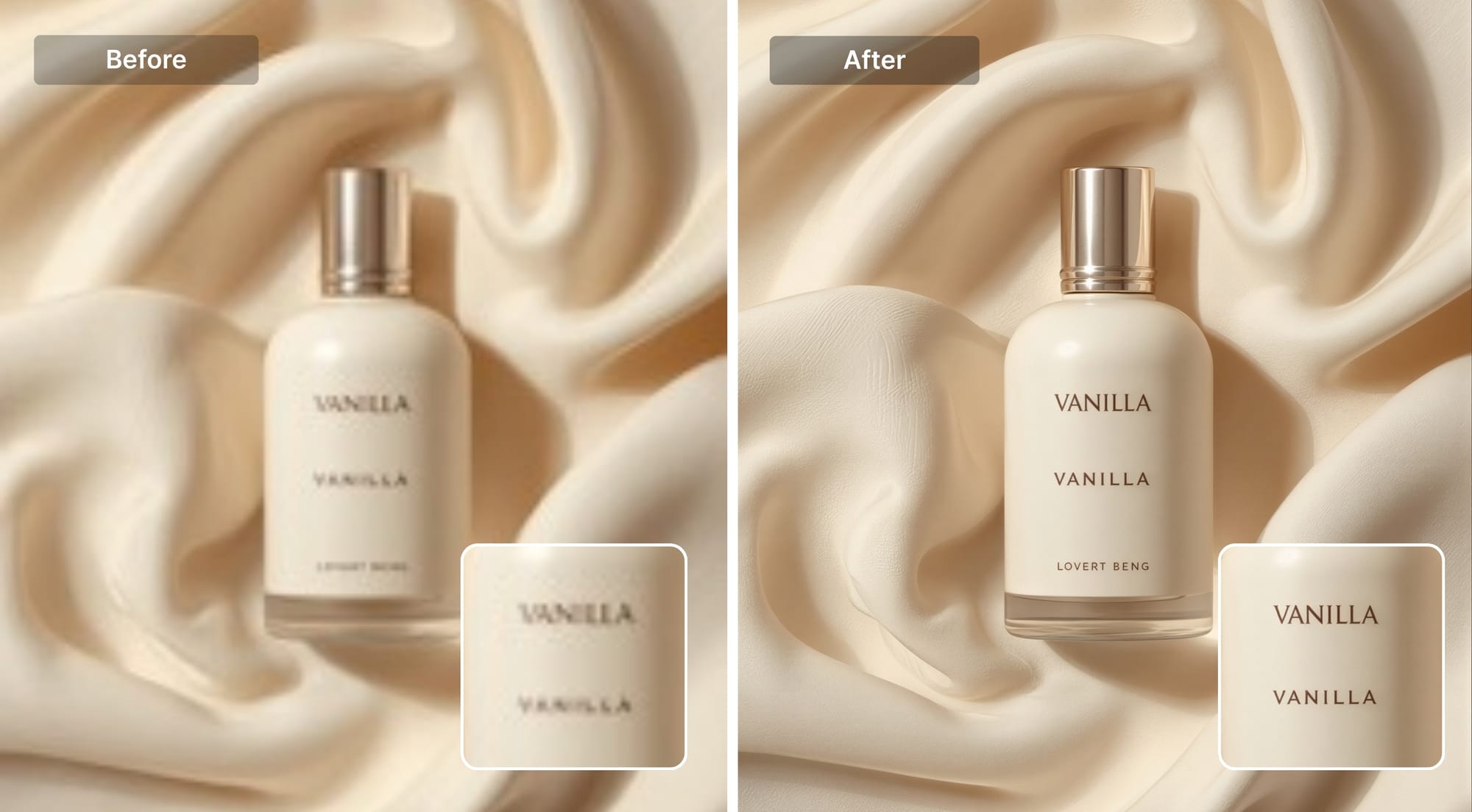 Perfume bottle label before and after upscaling