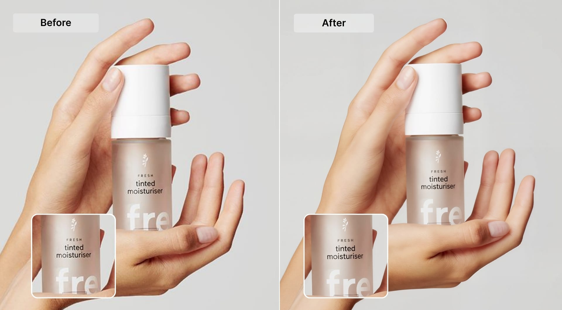 Product photo before and after 4× AI upscaling