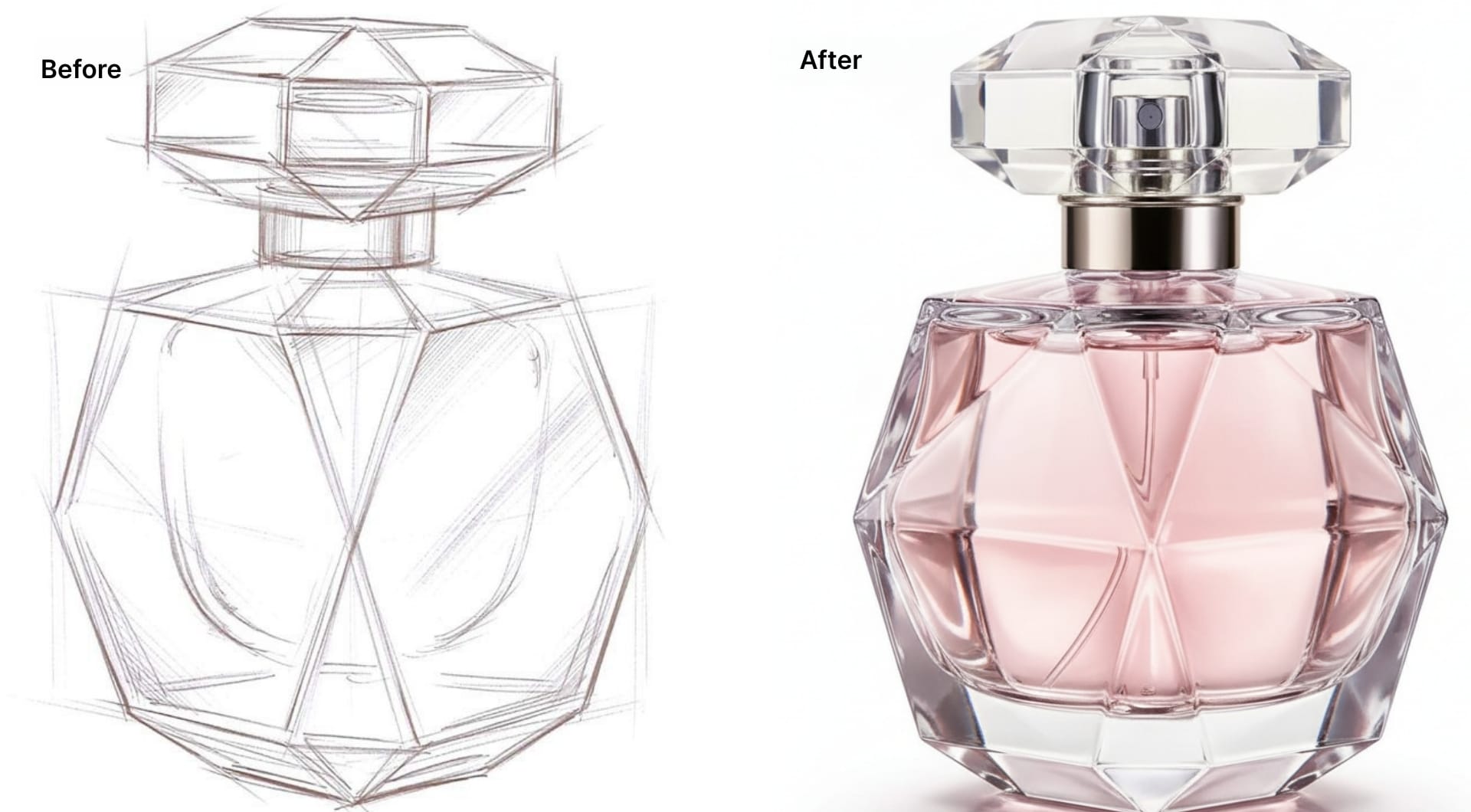 Perfume bottle sketch converted to a realistic product image