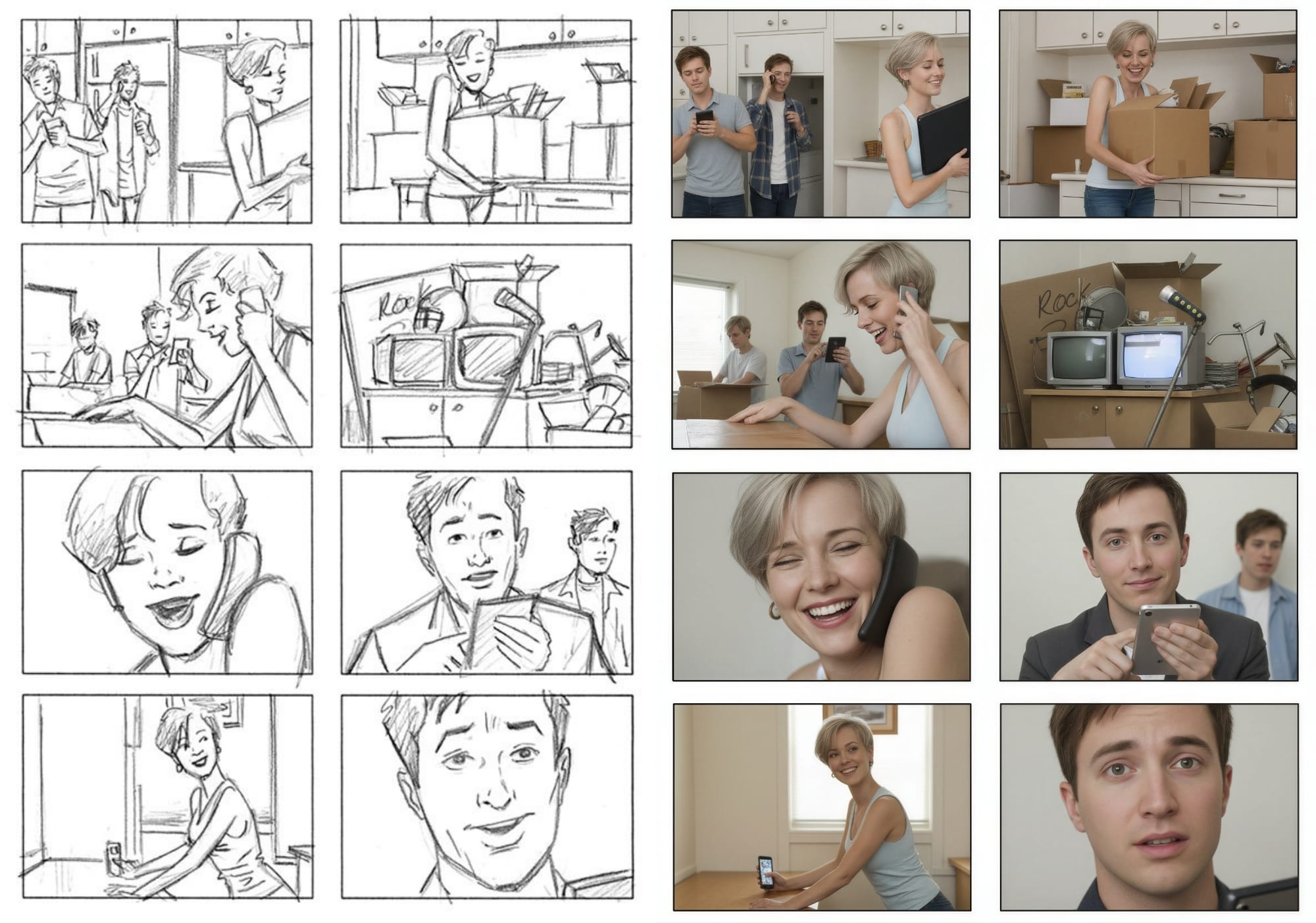 Storyboard panels beside realistic still frames