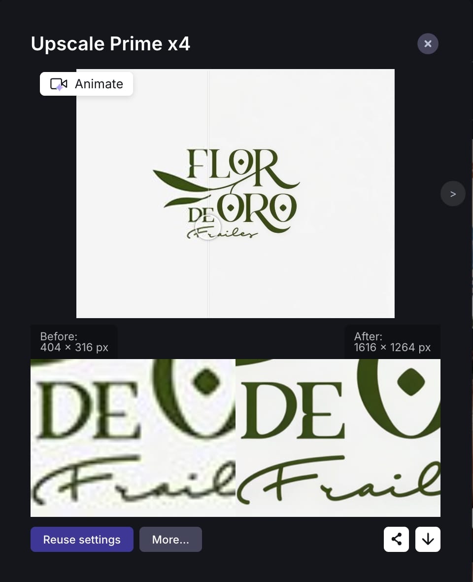 Zoomed preview of logo showing detail improvement after upscaling