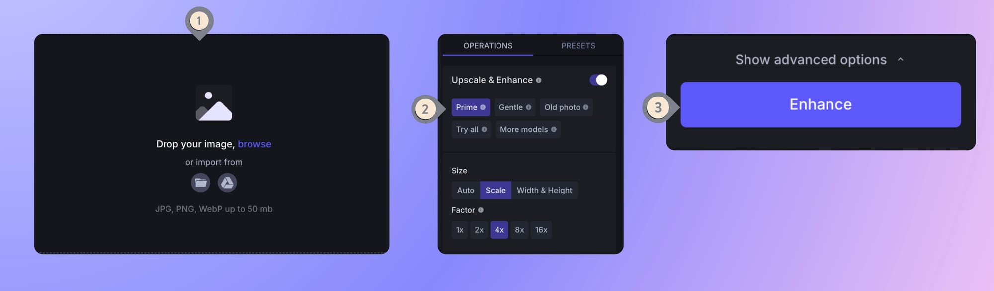 Prime upscaler interface with size options and enhance button