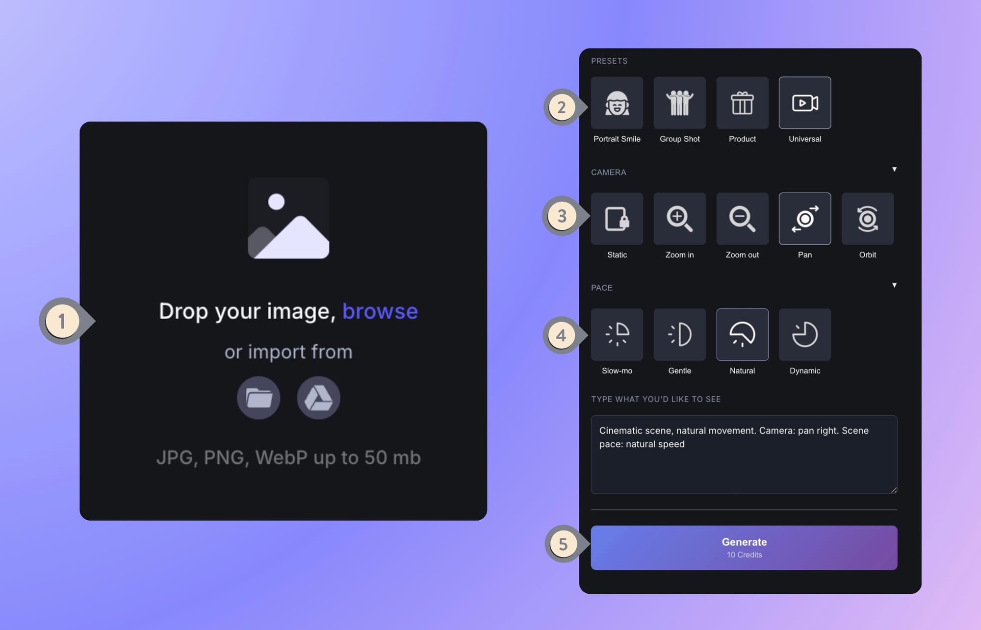 Video generation settings with presets, camera moves, and speed controls