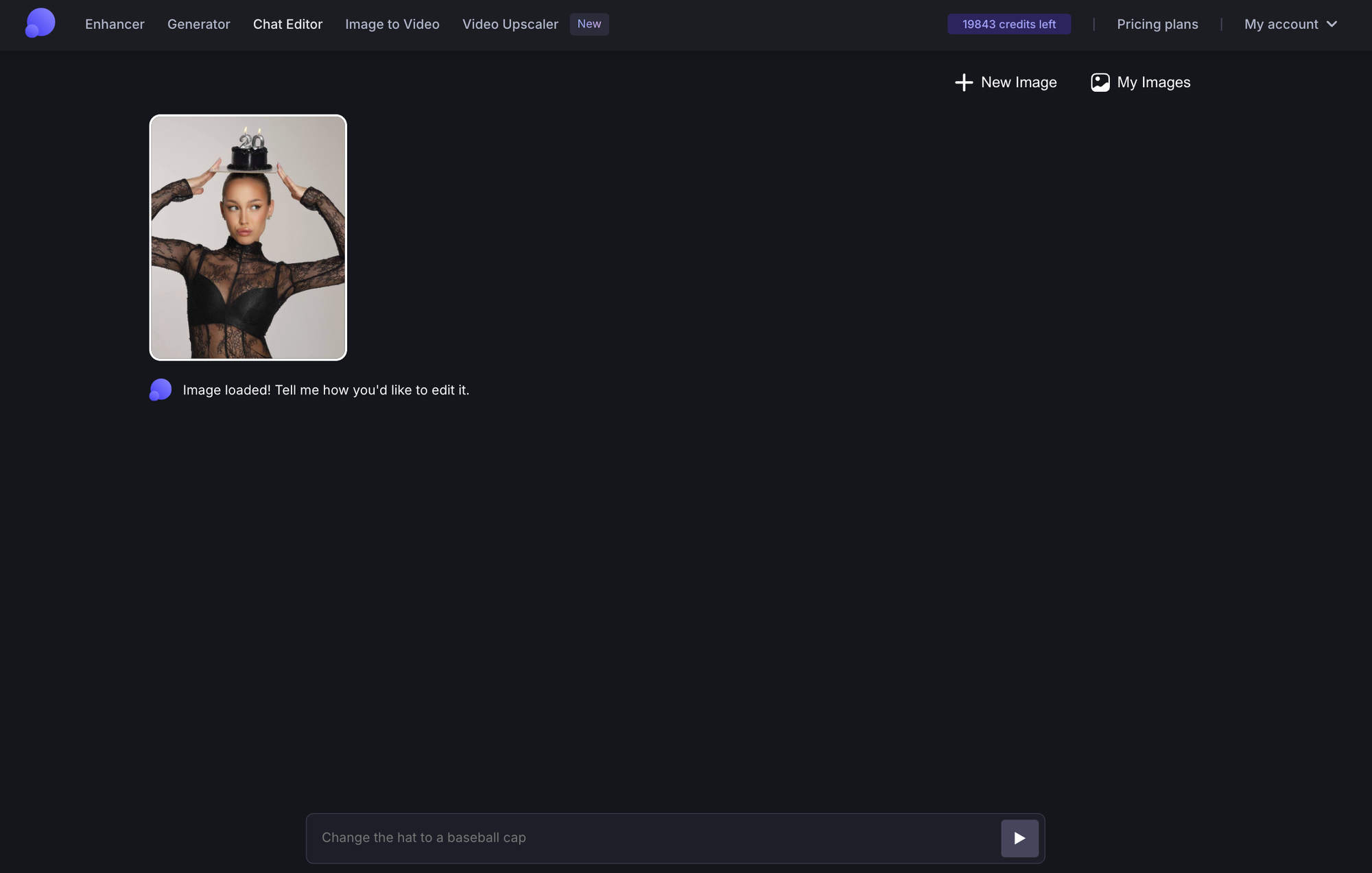 Chat Editor interface with image uploaded and ready for editing