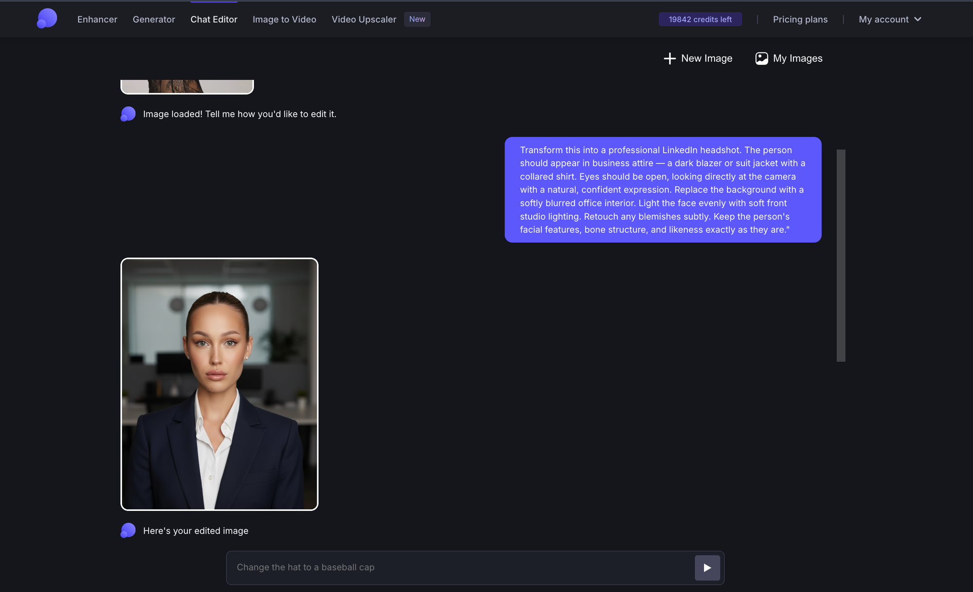 AI-generated professional headshot result displayed in Chat Editor