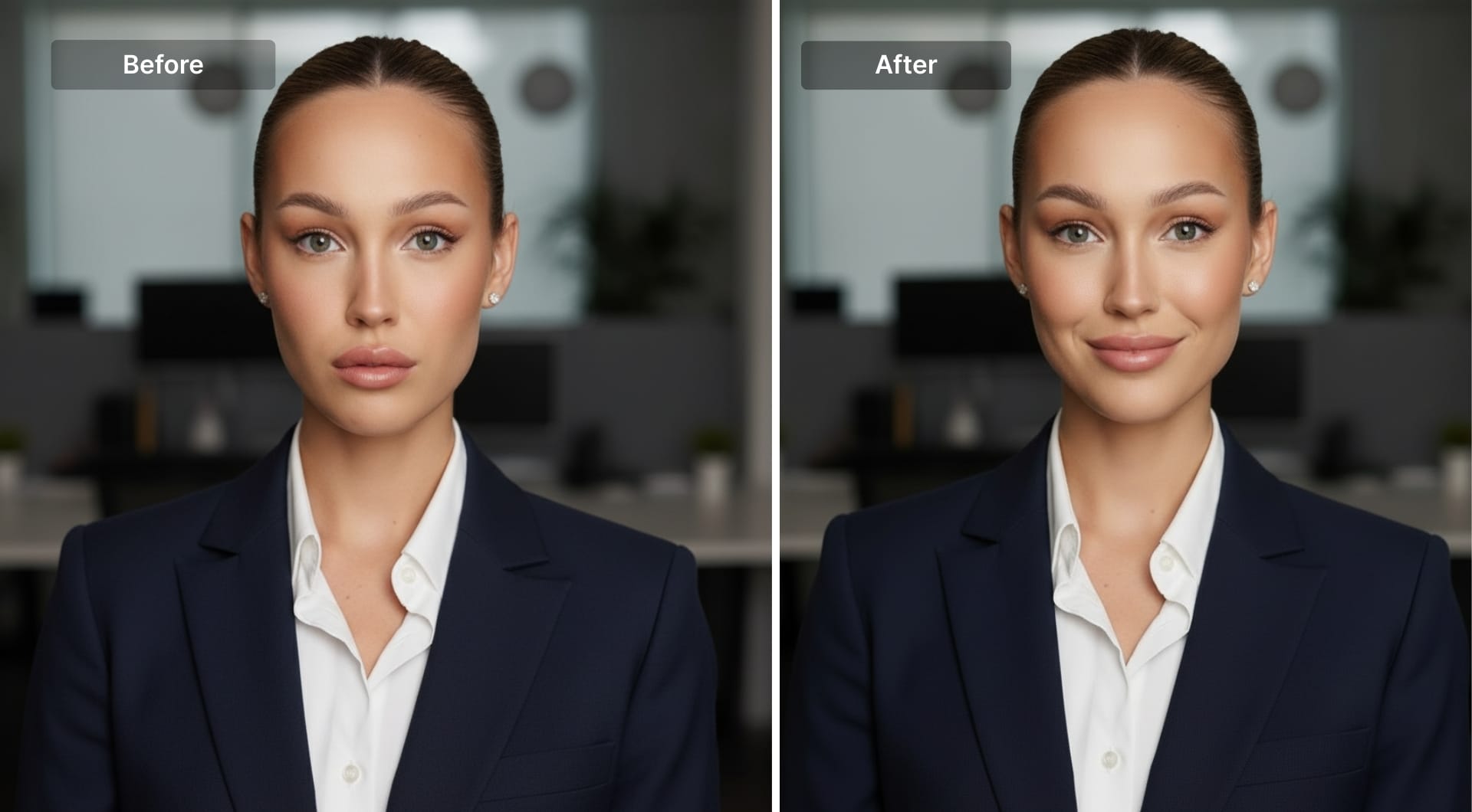 Before and after headshot with added smile using AI prompt