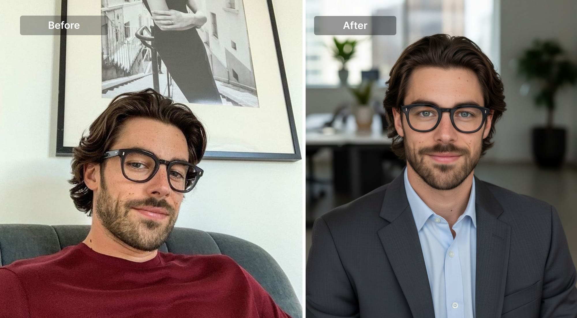 Before and after AI-enhanced professional male headshot comparison