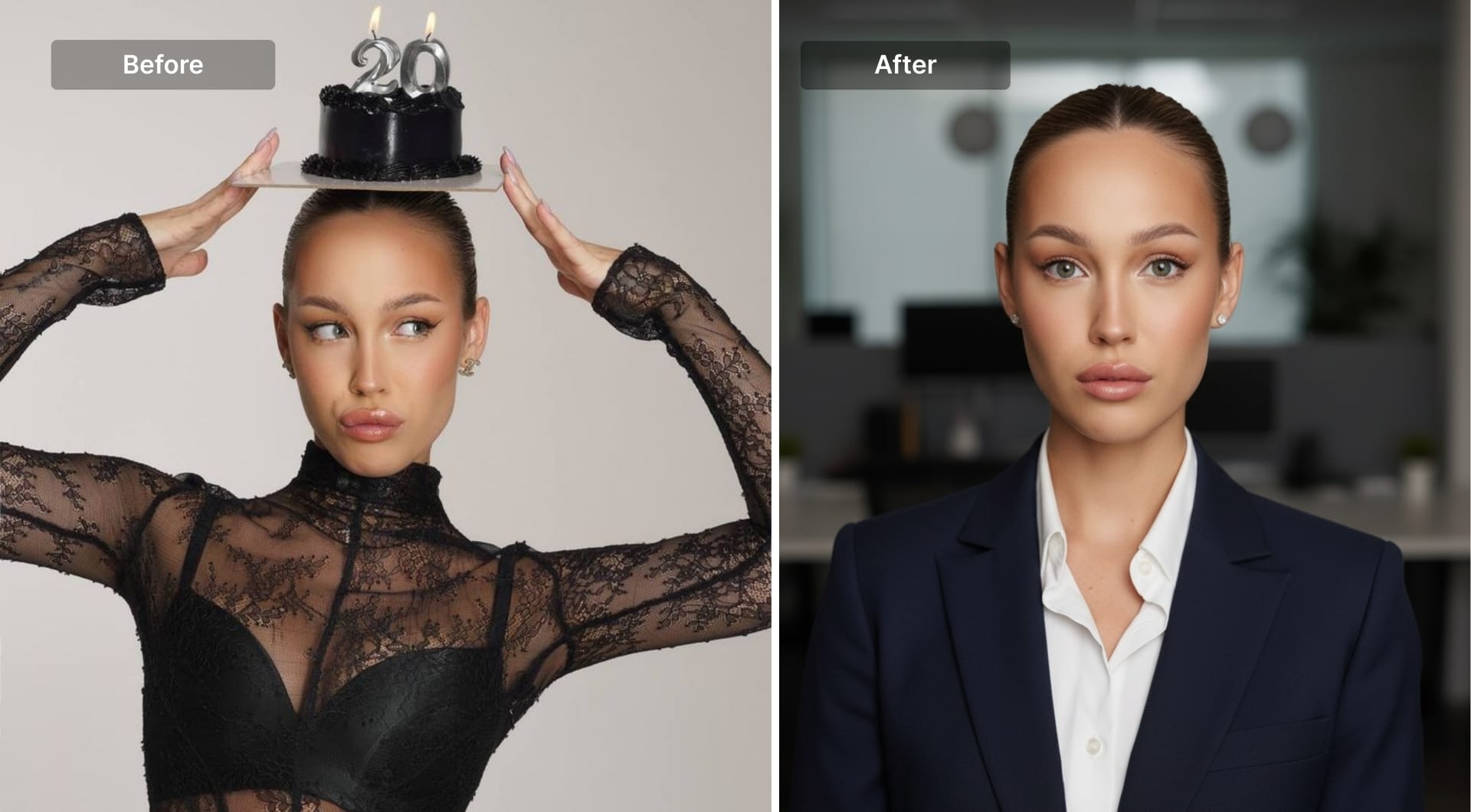 Before and after AI corporate headshot with business attire and office background