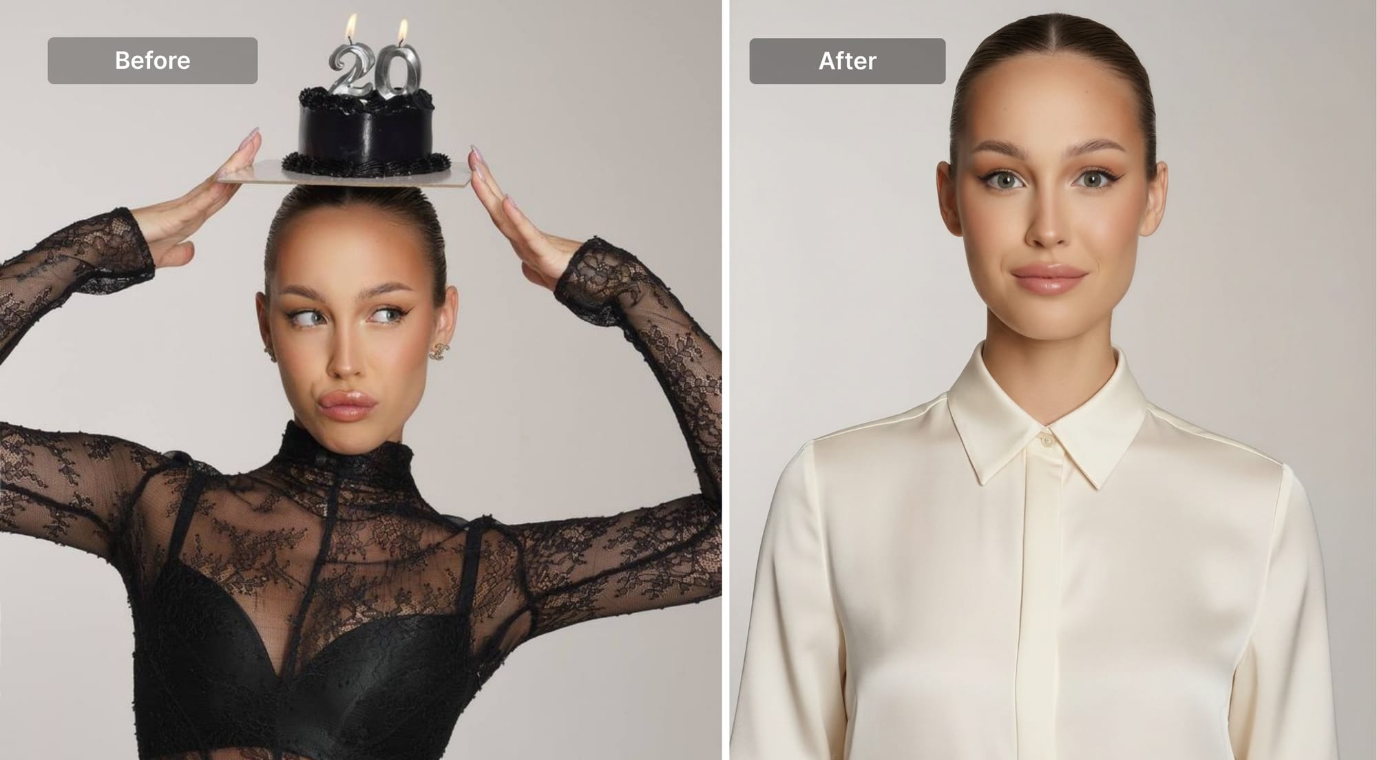 Before and after minimal style professional headshot with neutral background