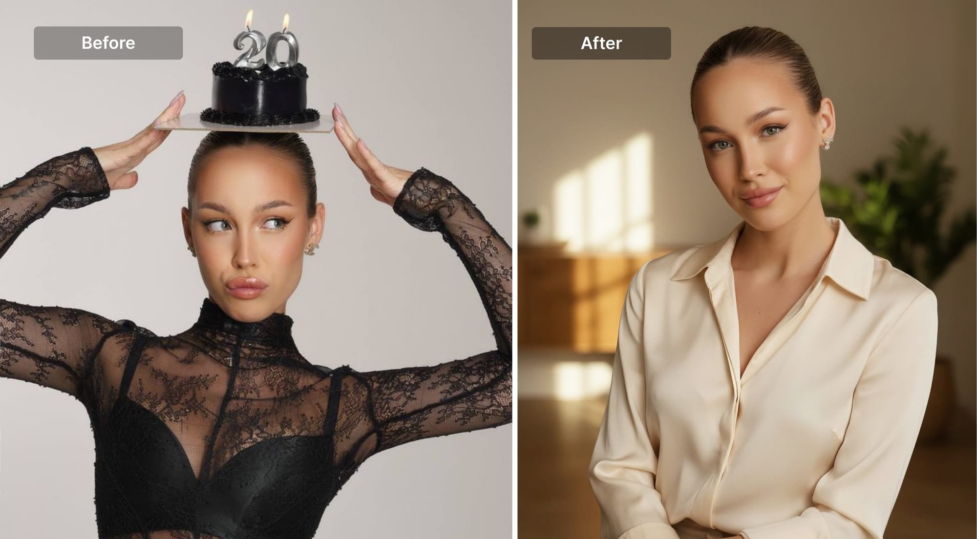 Before and after warm-toned professional headshot with natural lighting