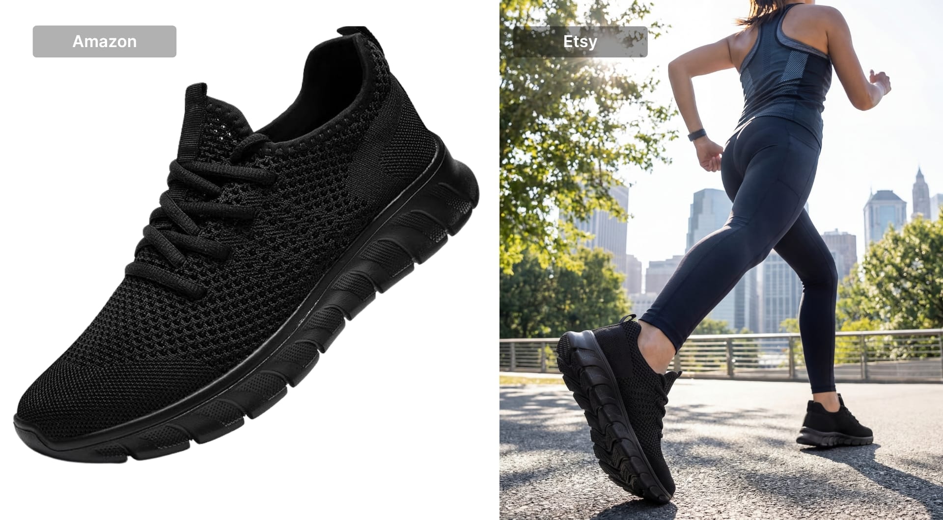 Amazon product shoe on white background versus Etsy lifestyle running scene