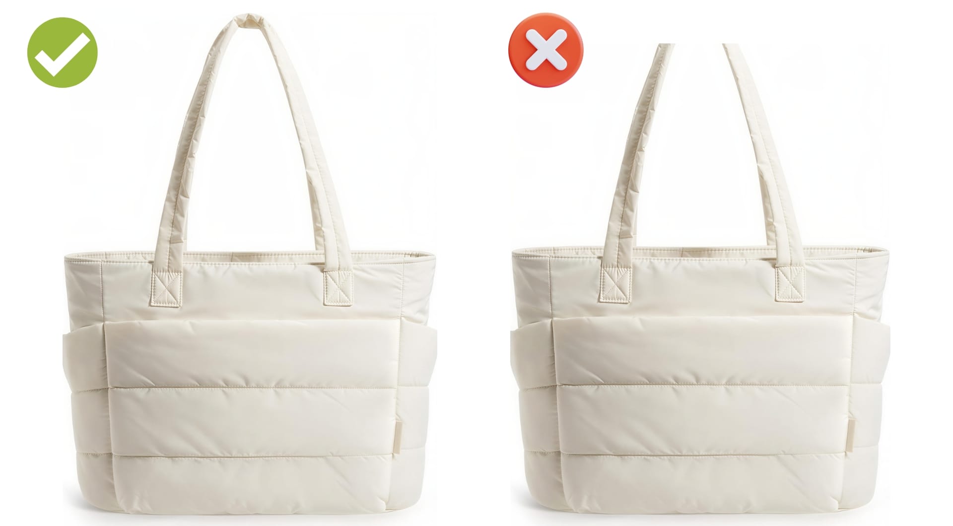 Tote bag product fill comparison showing correct and incorrect framing