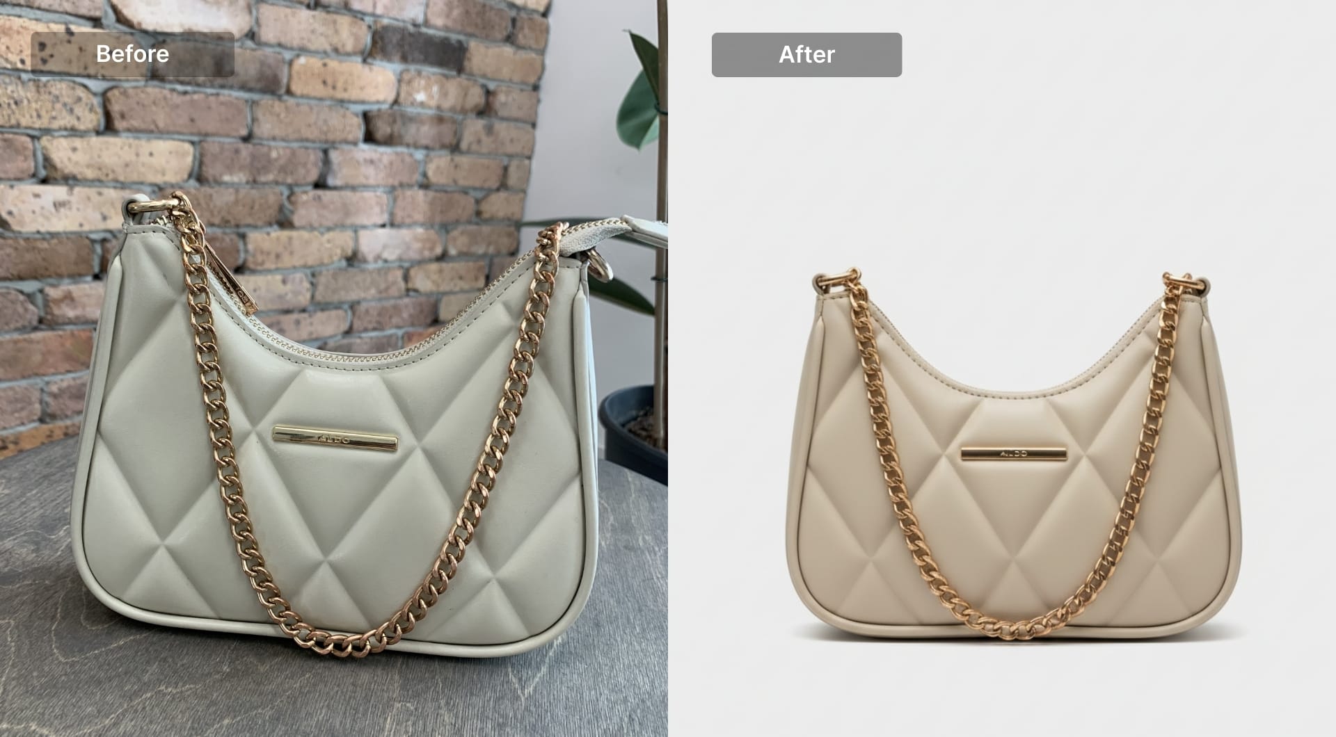 Quilted handbag on pure white studio background