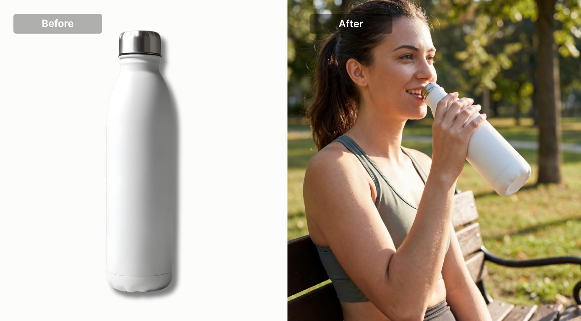 Woman drinking from a reusable water bottle outdoors