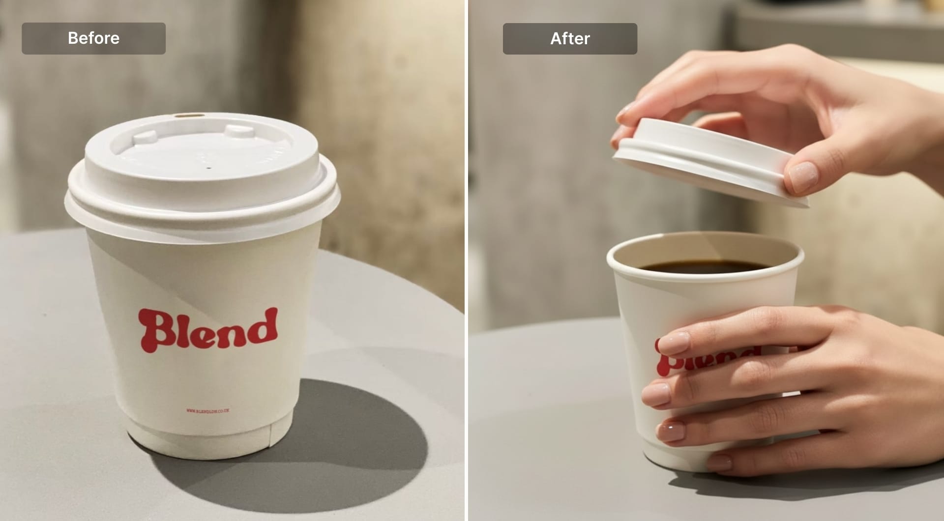 Hands removing lid from a takeaway coffee cup