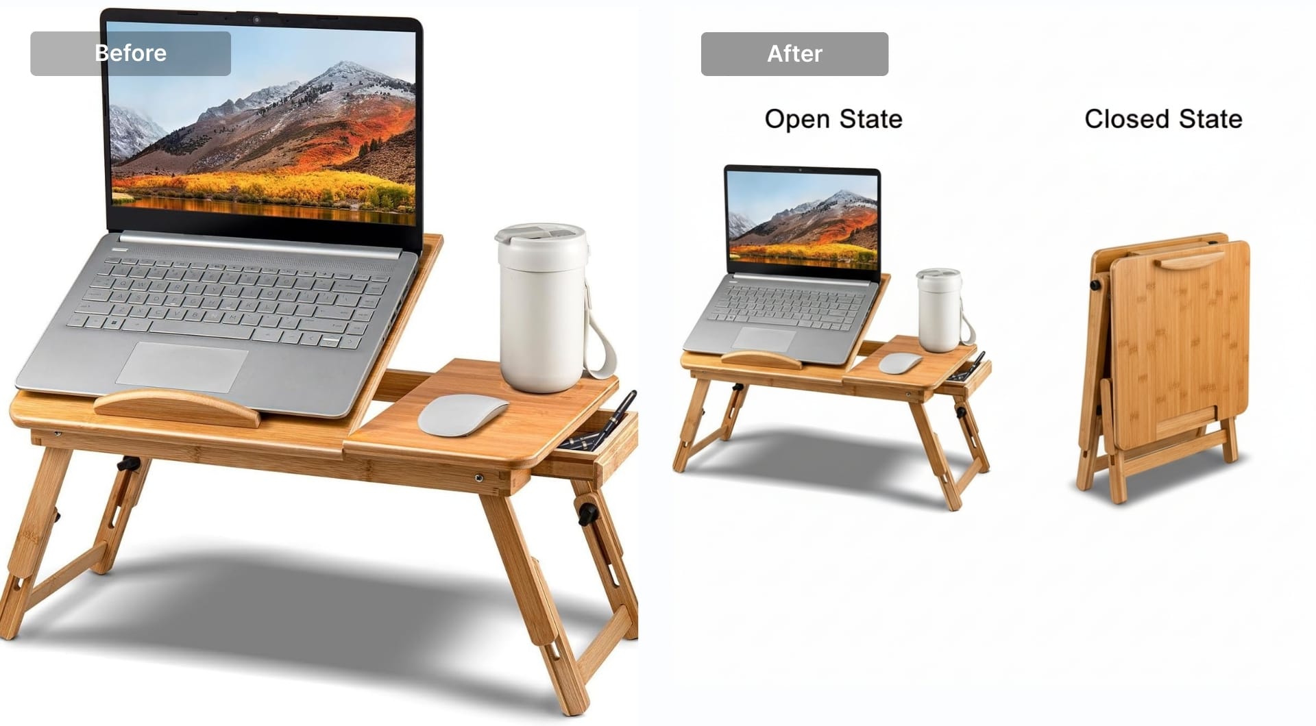Folding laptop tray shown open and closed