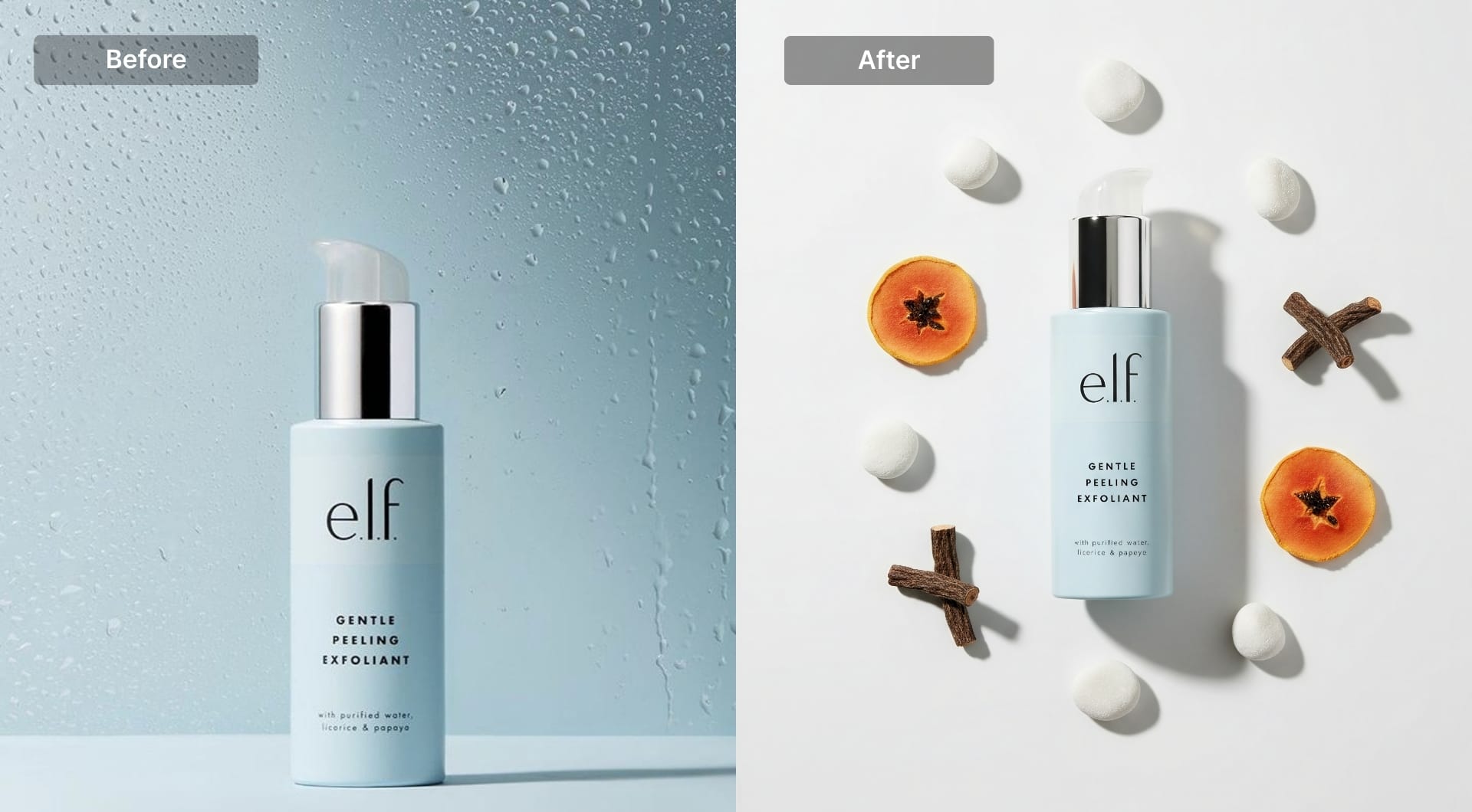 Skincare bottle in styled top-down flat lay