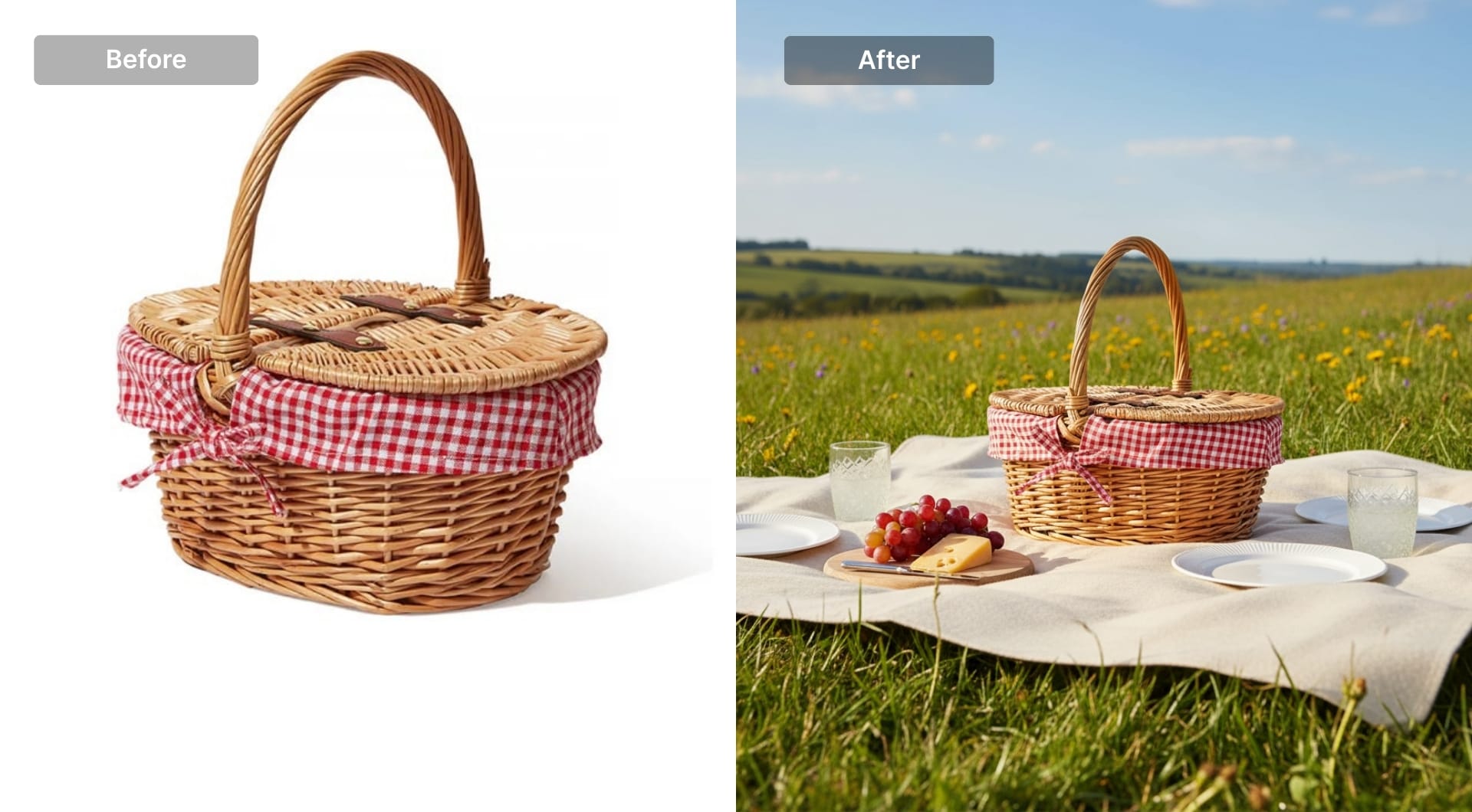 Picnic basket placed on an outdoor blanket