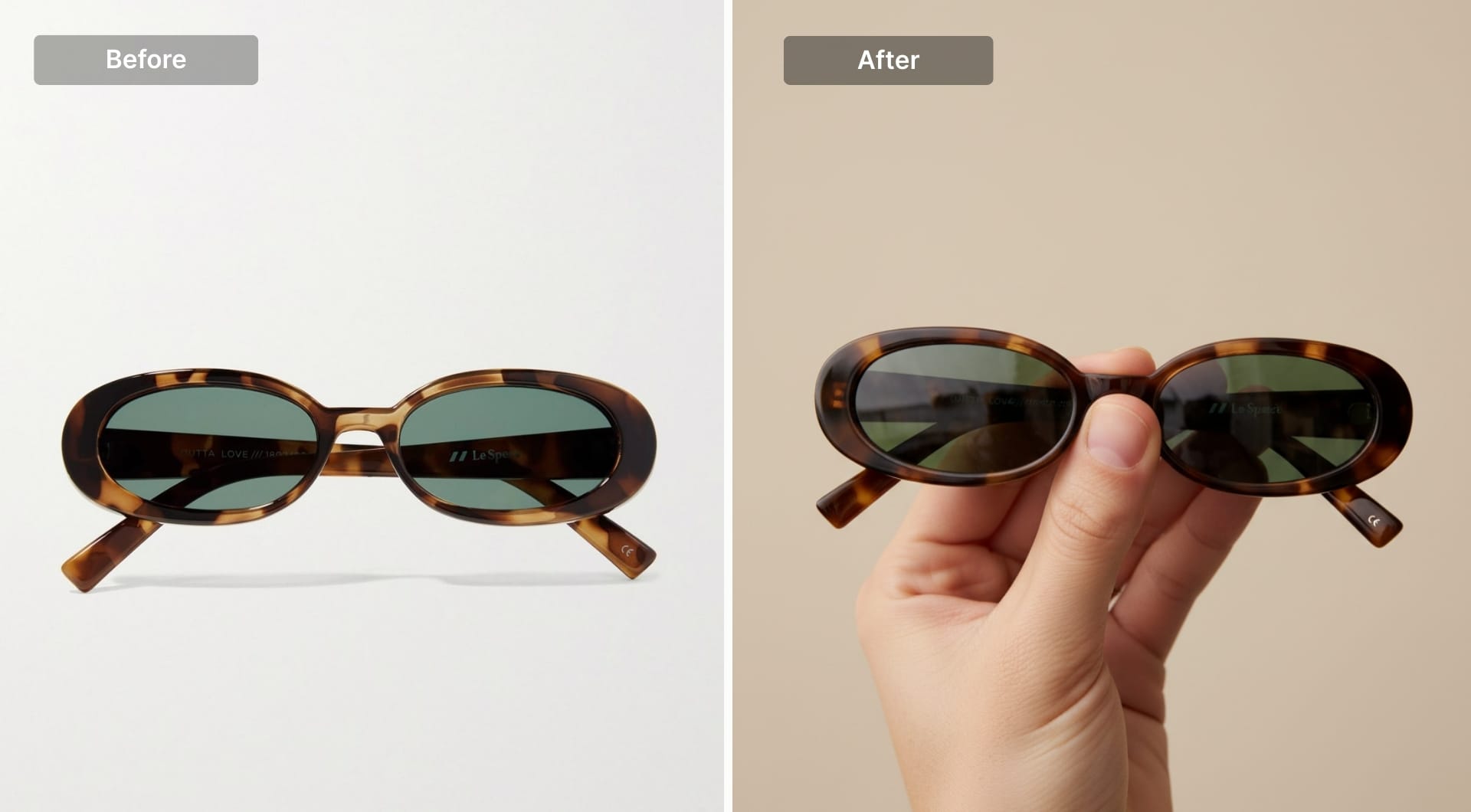 Hand holding oval sunglasses for size reference