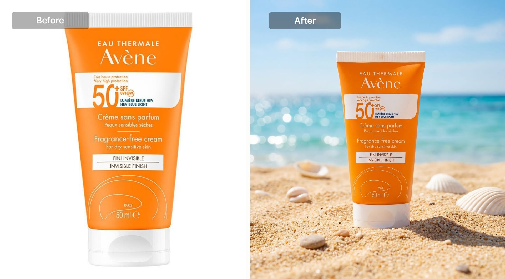 Sunscreen tube on a sunny beach