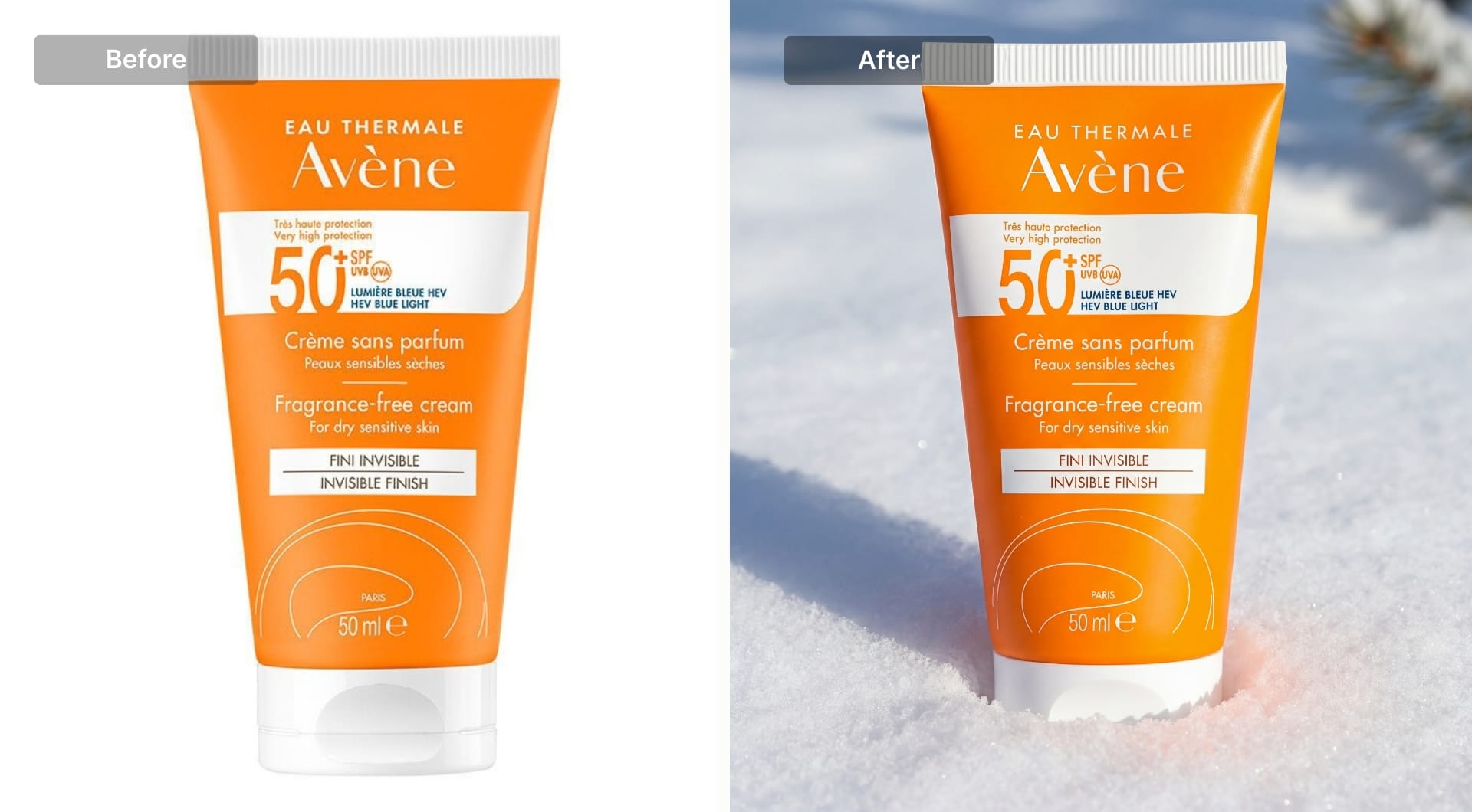 Sunscreen tube placed in bright snow