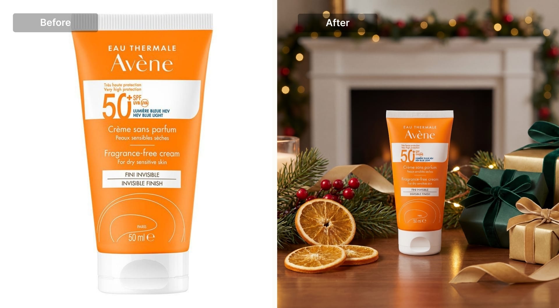 Sunscreen tube in a holiday gift scene