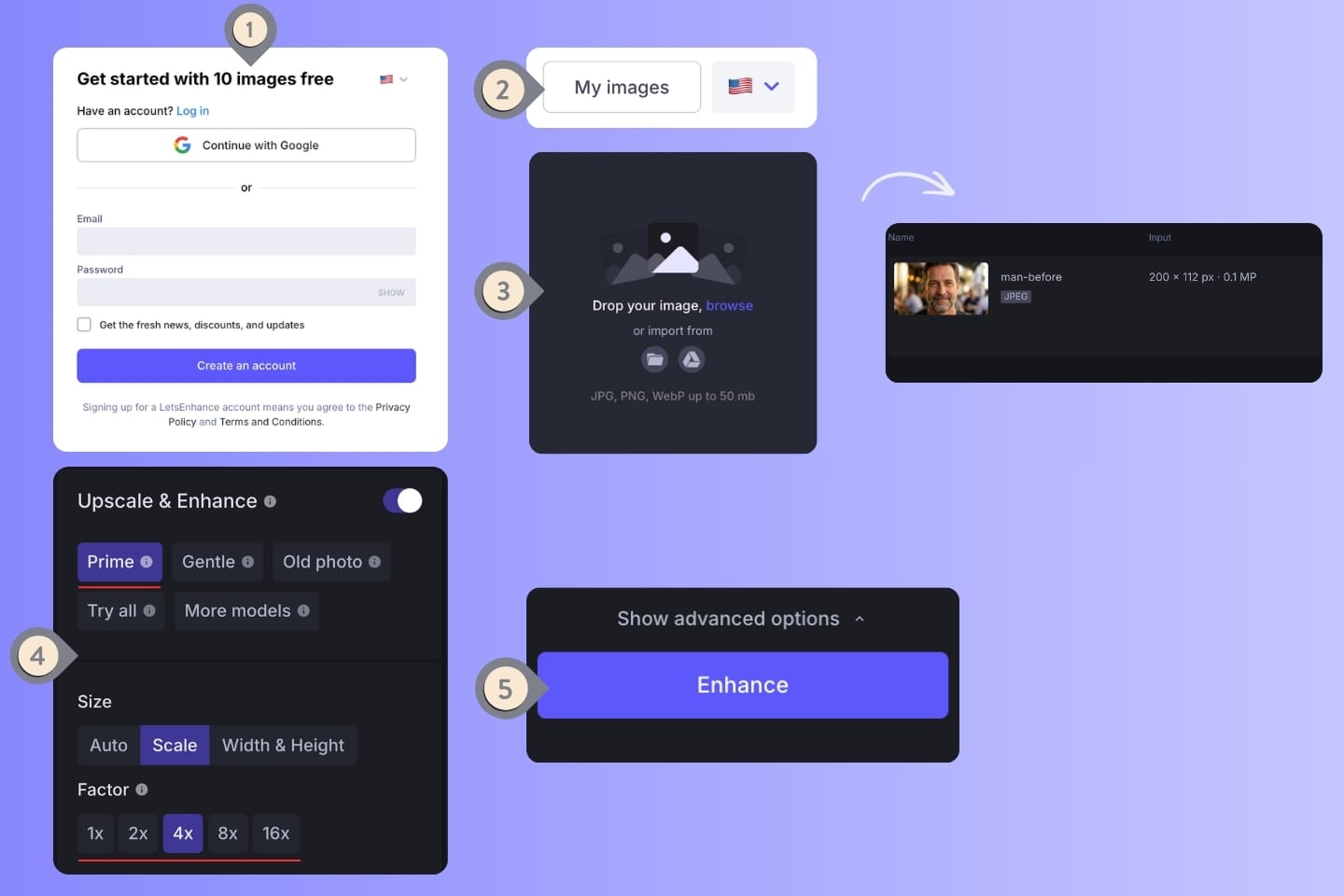Let’s Enhance interface showing upload and enhance steps