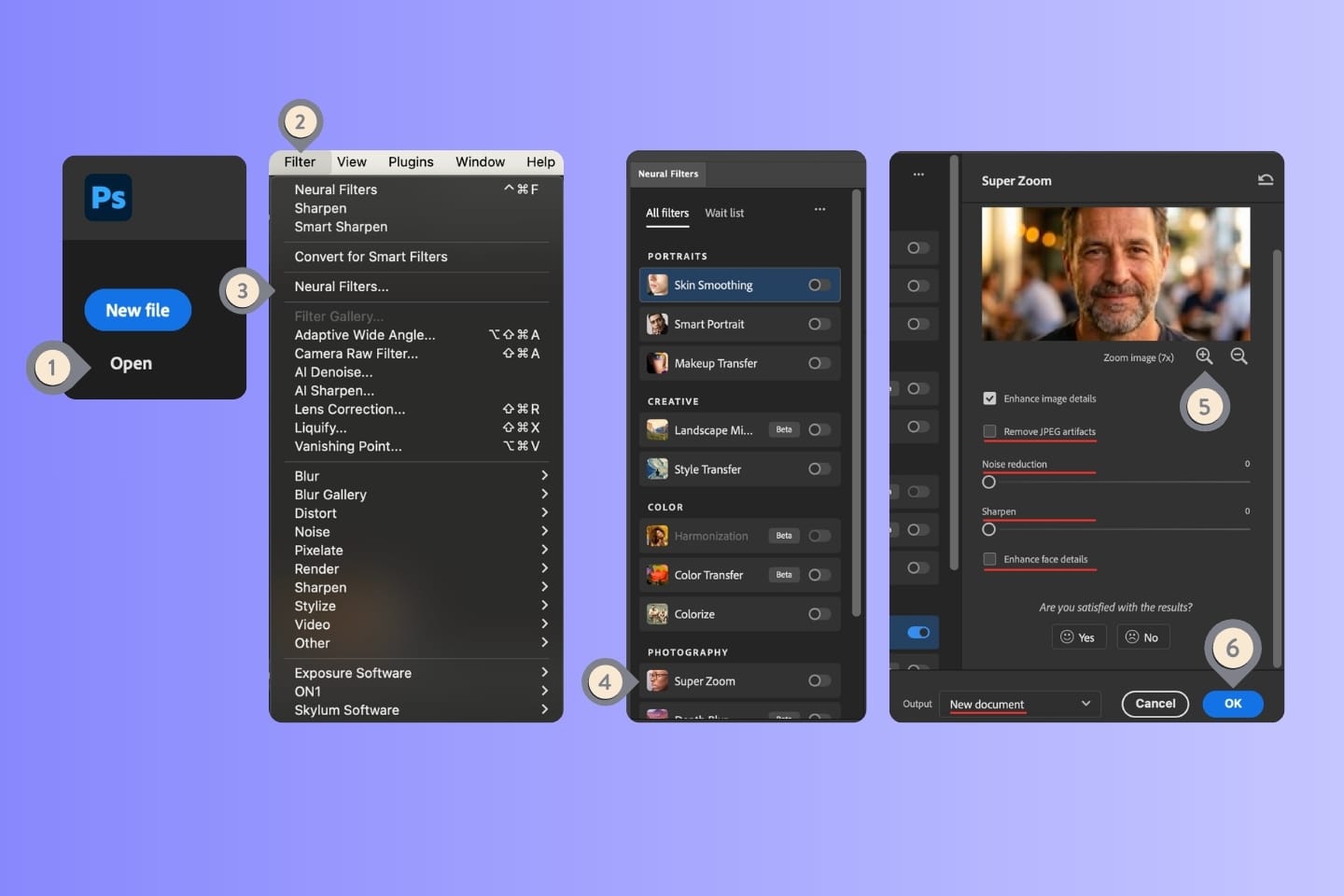 Photoshop Super Zoom neural filter interface and settings