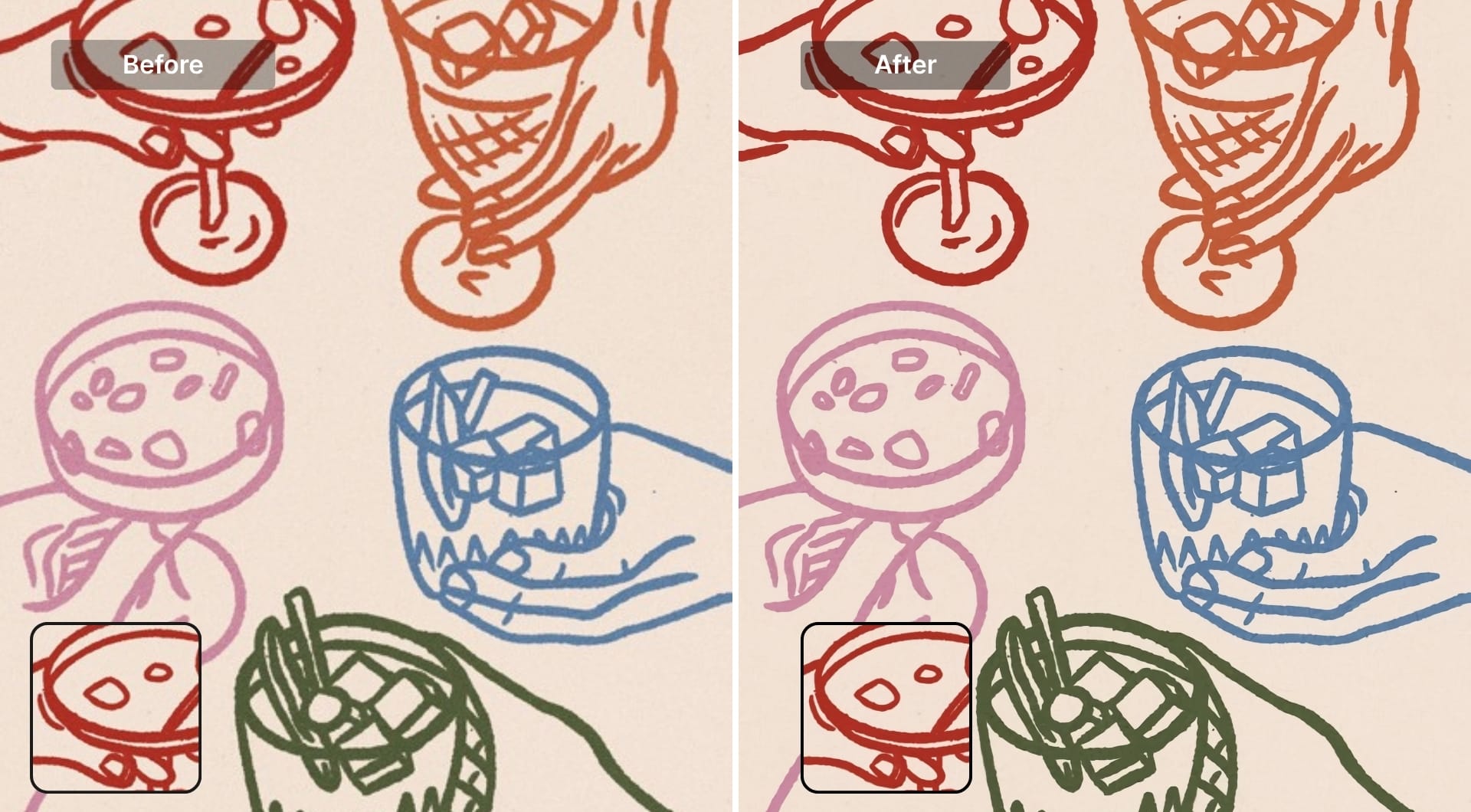 Hand-drawn illustration before and after digital art upscaling