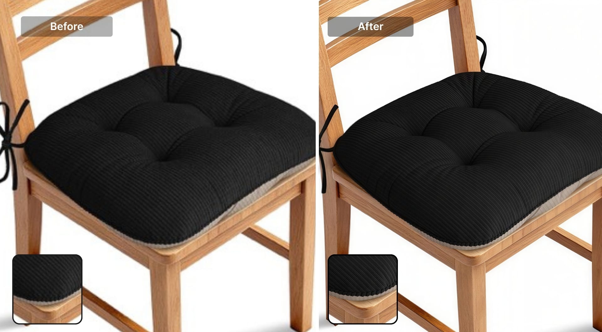 Chair cushion image before and after AI upscaling showing improved sharpness