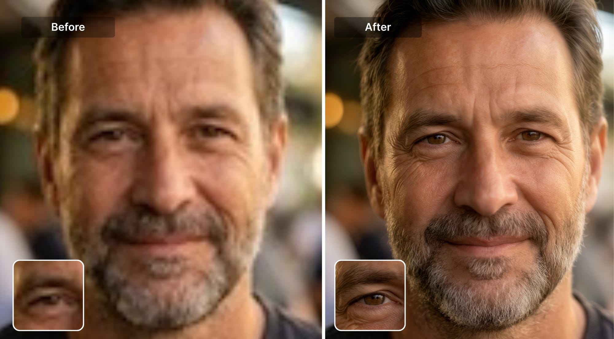 Before and after portrait enhanced with Let’s Enhance Prime
