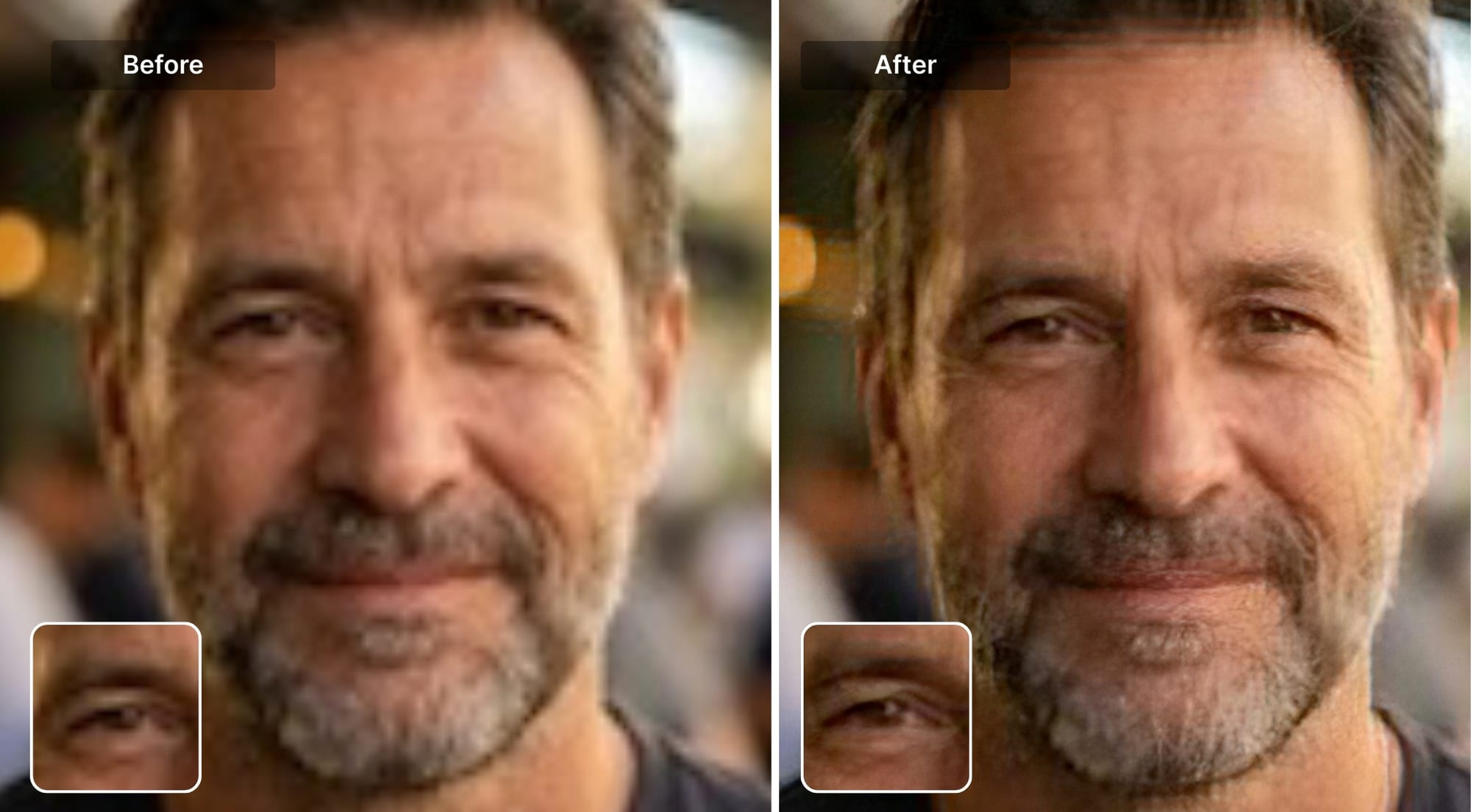 Original portrait compared to Photoshop Super Zoom upscale with visible artifacts