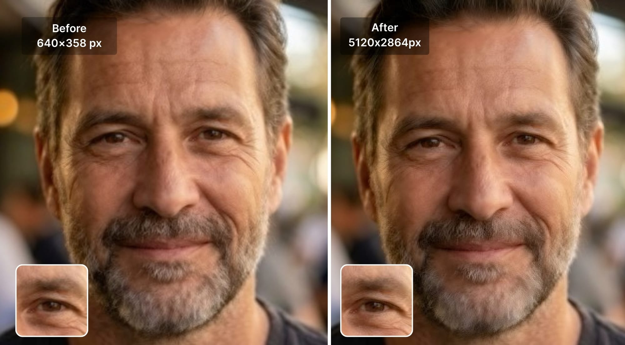 Before and after portrait upscale from higher resolution